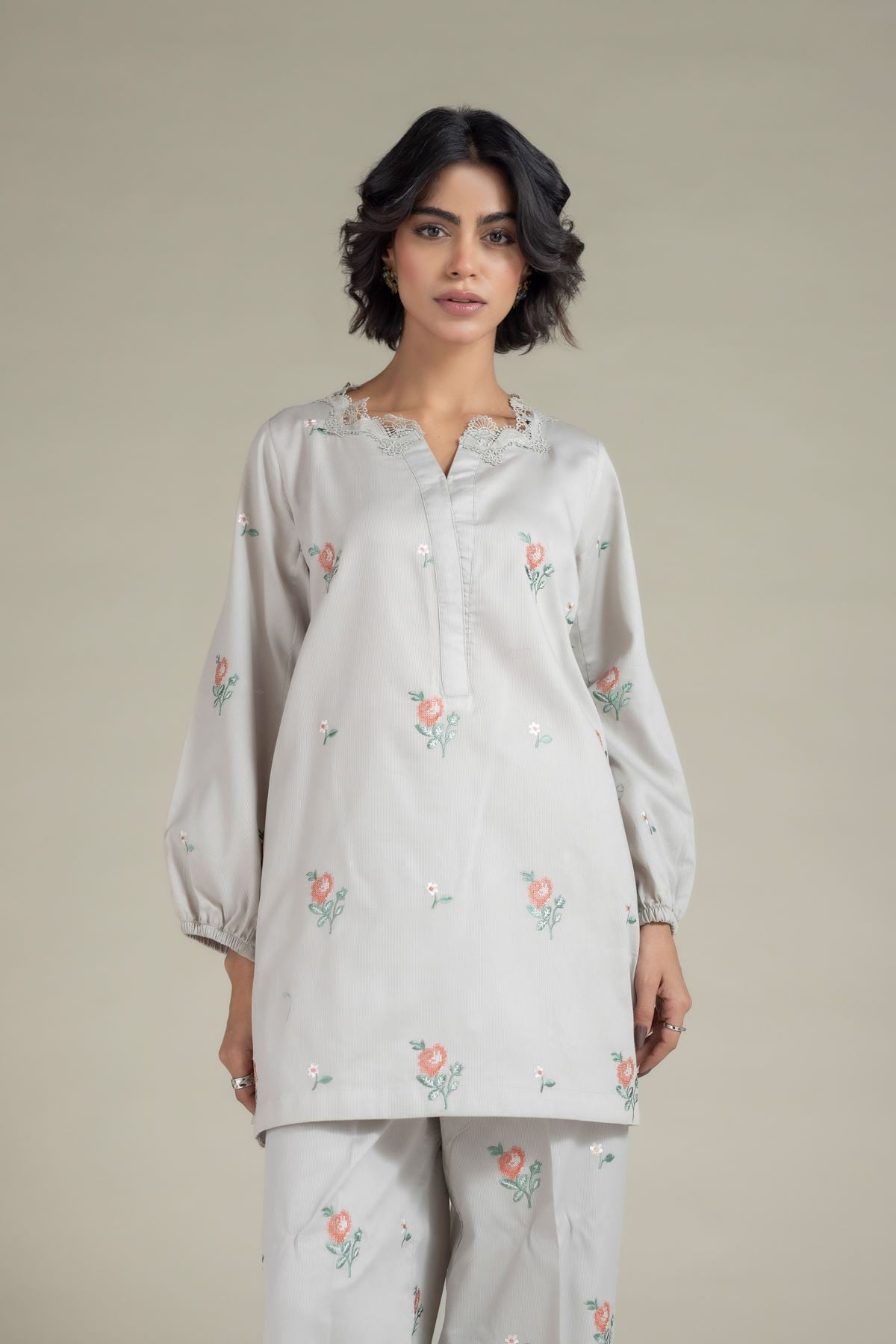 Embroidered Textured Cotton Kurta - 25-09-12E2-01TA-VG