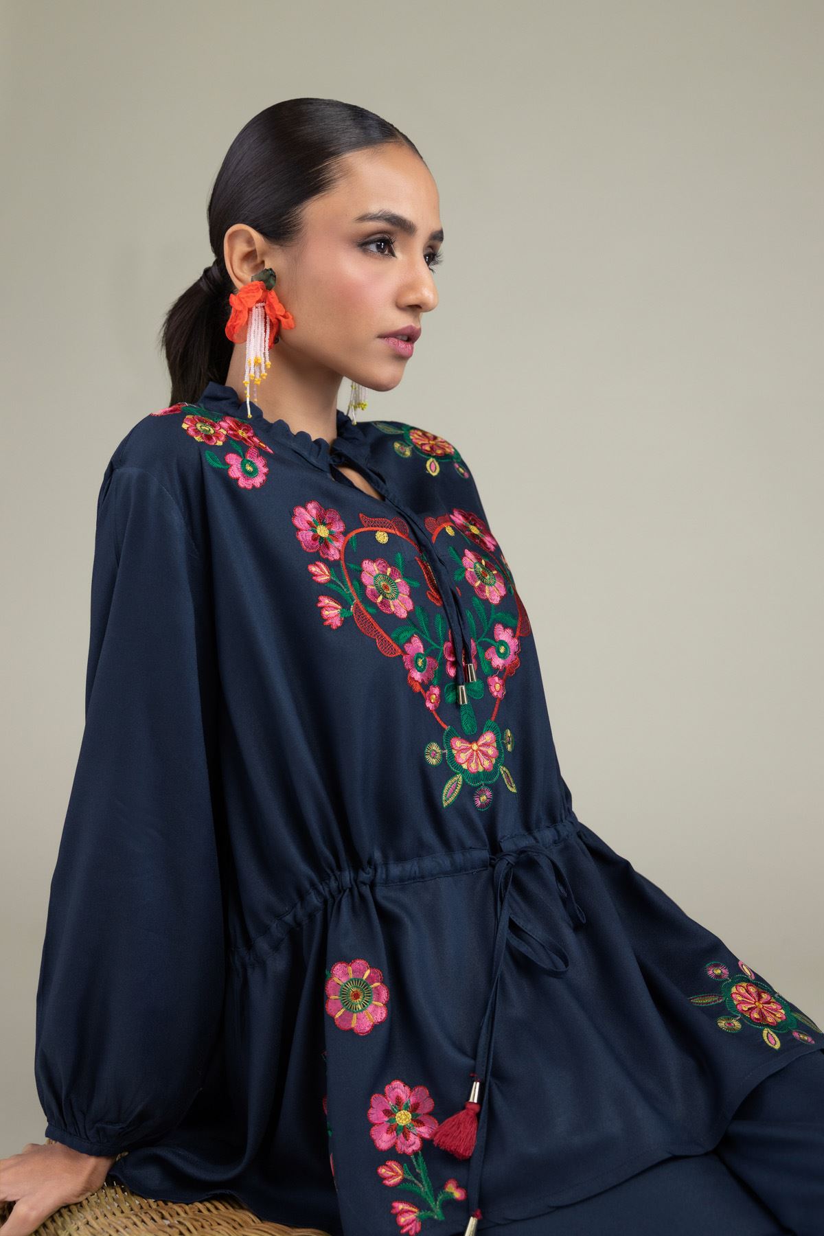 Embroidered Viscose Crepe Floral Navy Tunic - 2-26-202-A-D-VG
