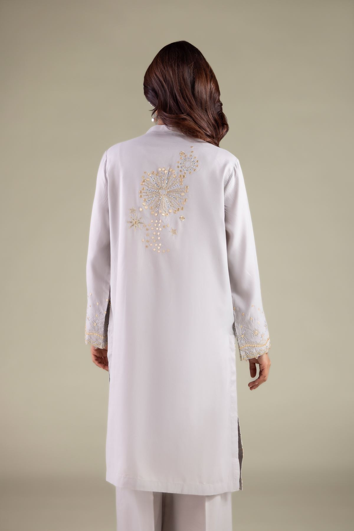 Embroidered Raw Silk Band Collar Kurta - 1-26-115-A-C-VG