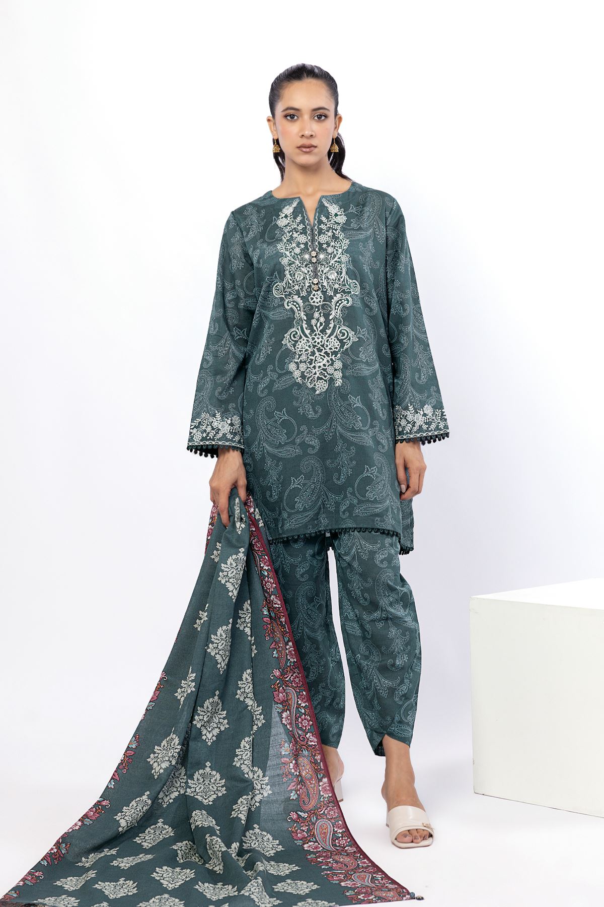 Embroidered Light Khaddar Paisley 3-Piece Set - LKN67BST-VG