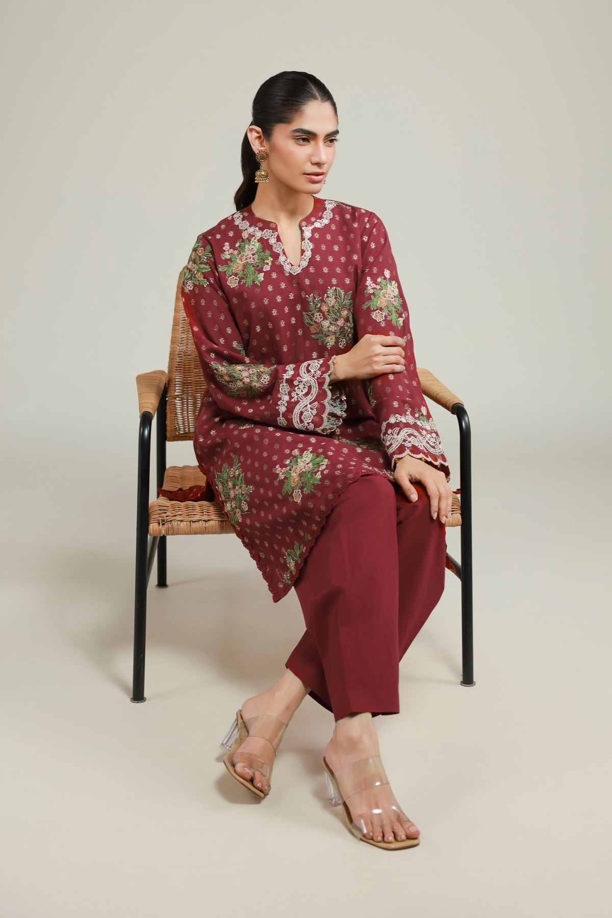 Embroidered Jacquard Maroon Tailored Suit - T-A113-26-101EG2-VG