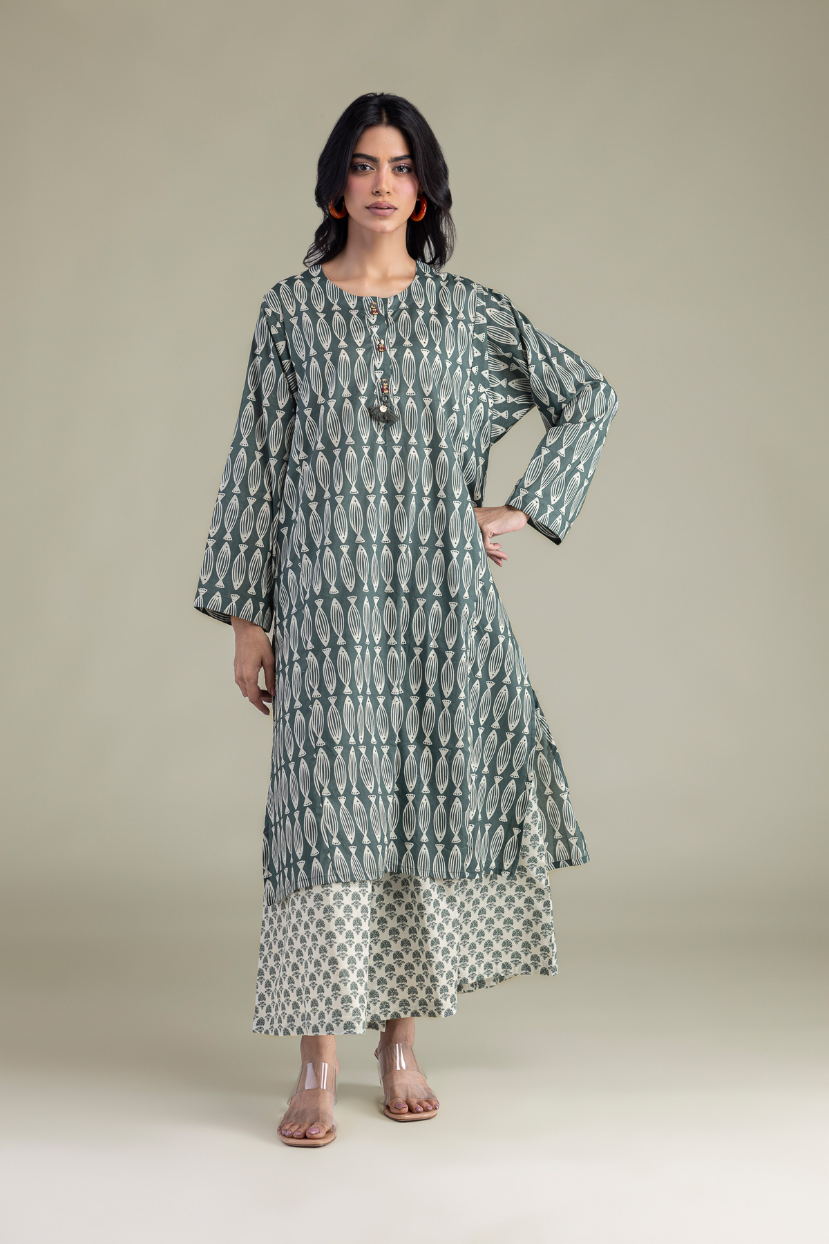 Printed Cambric Green Longline Kurta - 1-26-102-A-F-VG