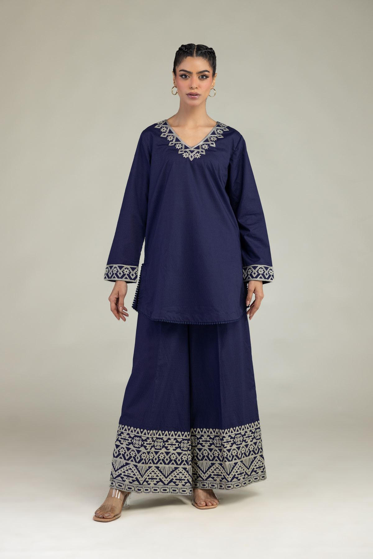Embroidered Cotton Dobby Cotton Navy Pants - 25-09-11E13-04TA-VG