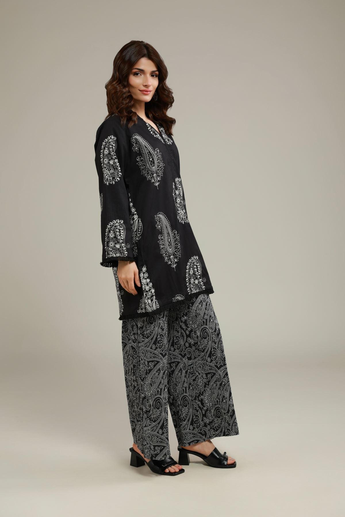 Embroidered Cotton Crinkle Paisley V-Neck Kurta - 25-09-10E2-03TA-VG