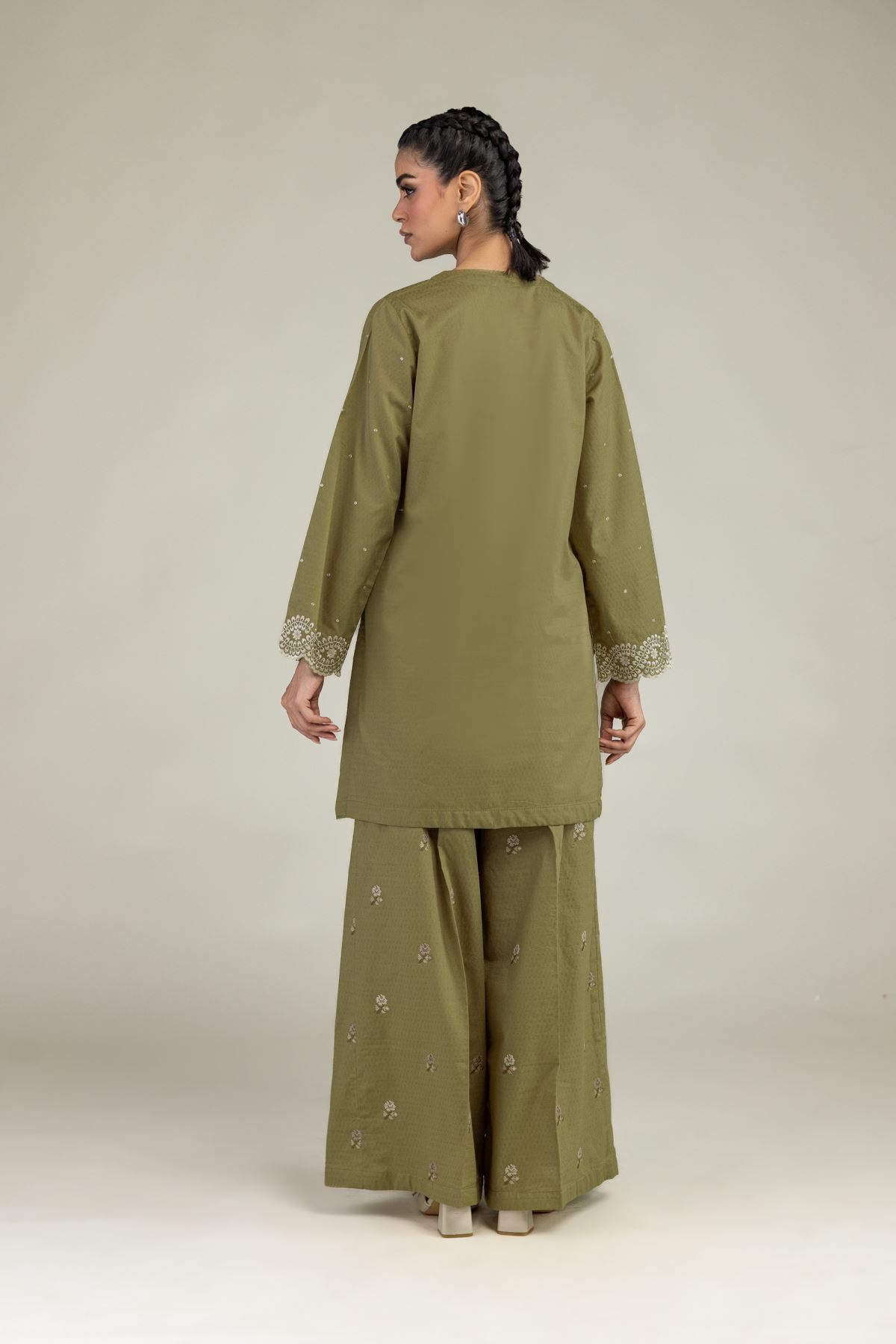 Embroidered Cotton Dobby Olive V-Neck Kurta - 25-10-12E5-12TA-VG