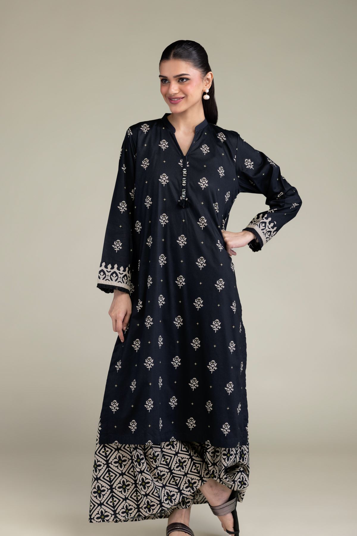 Printed Cotton Viscose Long V-Neck Kurta - 2-26-206-B-B1-VG