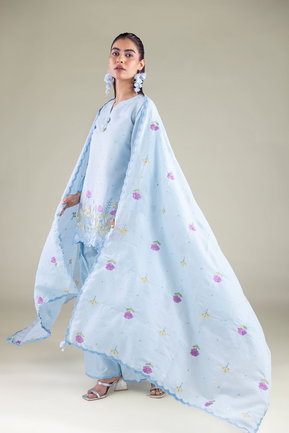 Embroidered Mesuri Floral Draped Dupatta - 1-26-117-A-G-VG