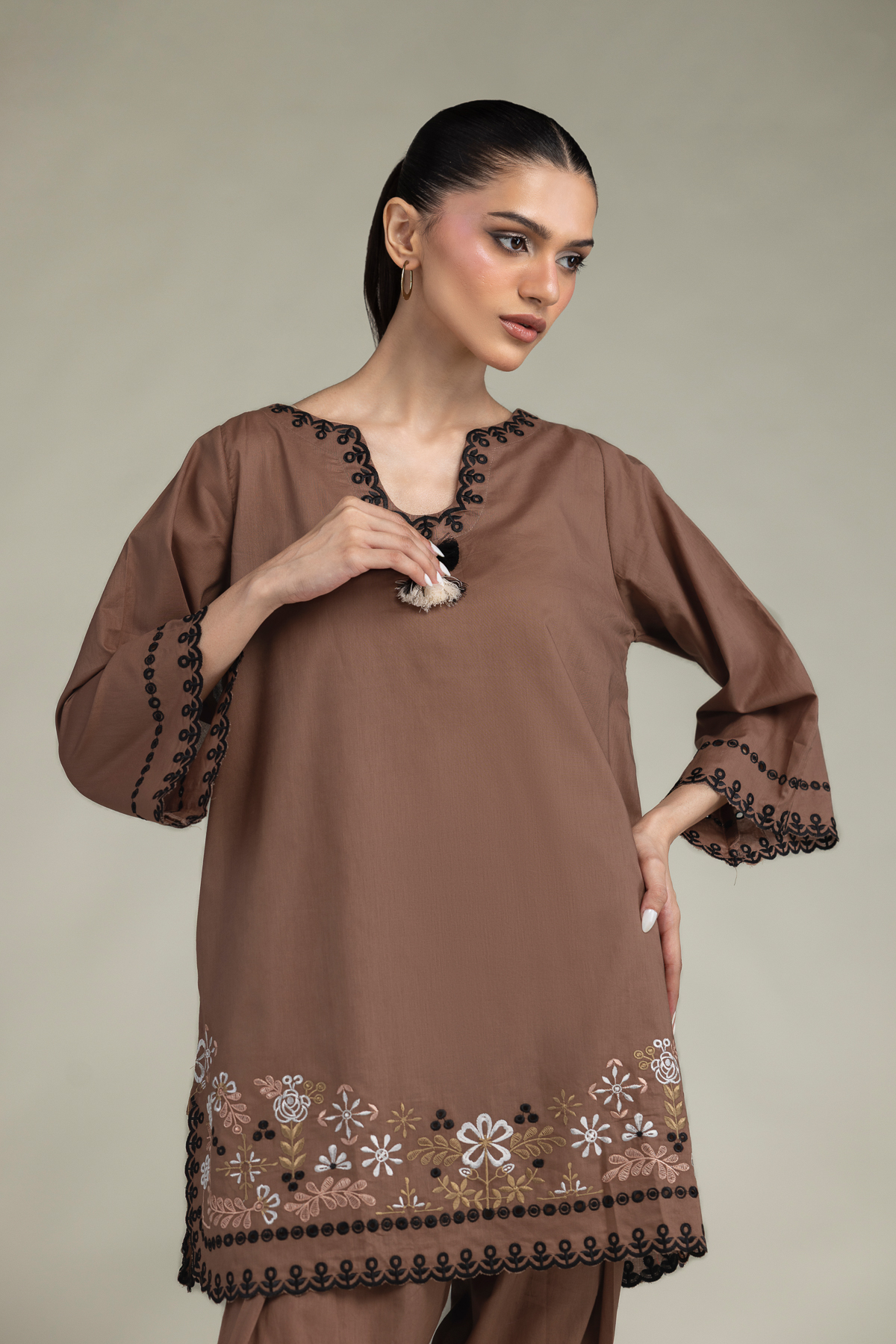 Embroidered Cambric Short Brown Kurta - 1-26-303-B-G1-VG