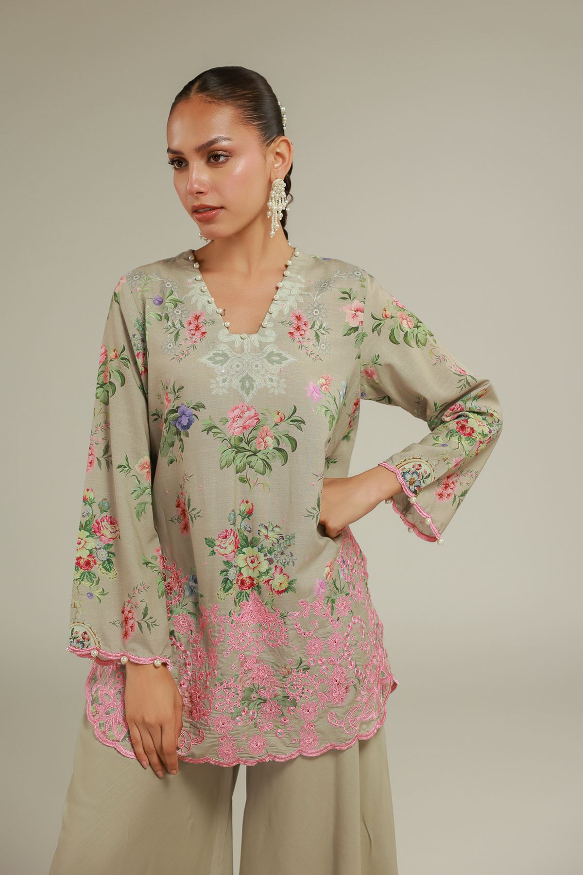 Embroidered Raw Silk Floral V-Neck Kurta - 1-26-119-A-D-VG