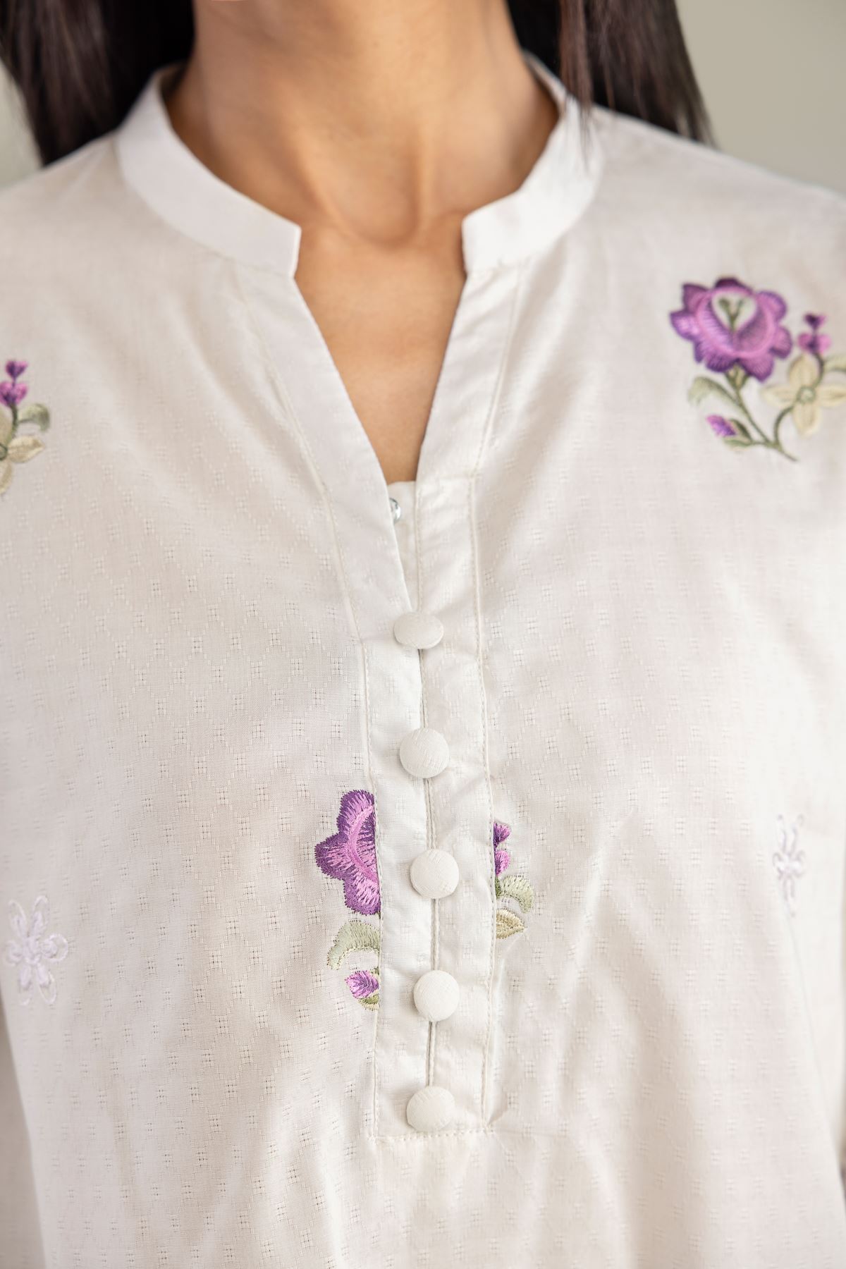 Embroidered Cotton Dobby Floral V-Neck Kurta - 1-26-322-B-A1-VG