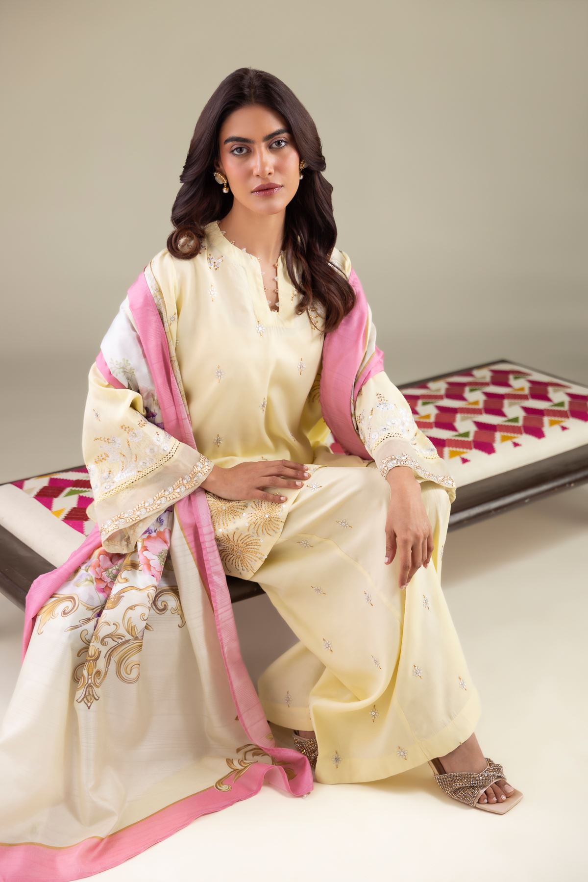 Embroidered Raw Silk Embellished V-Neck Kurta - 2-26-110-A-E-VG