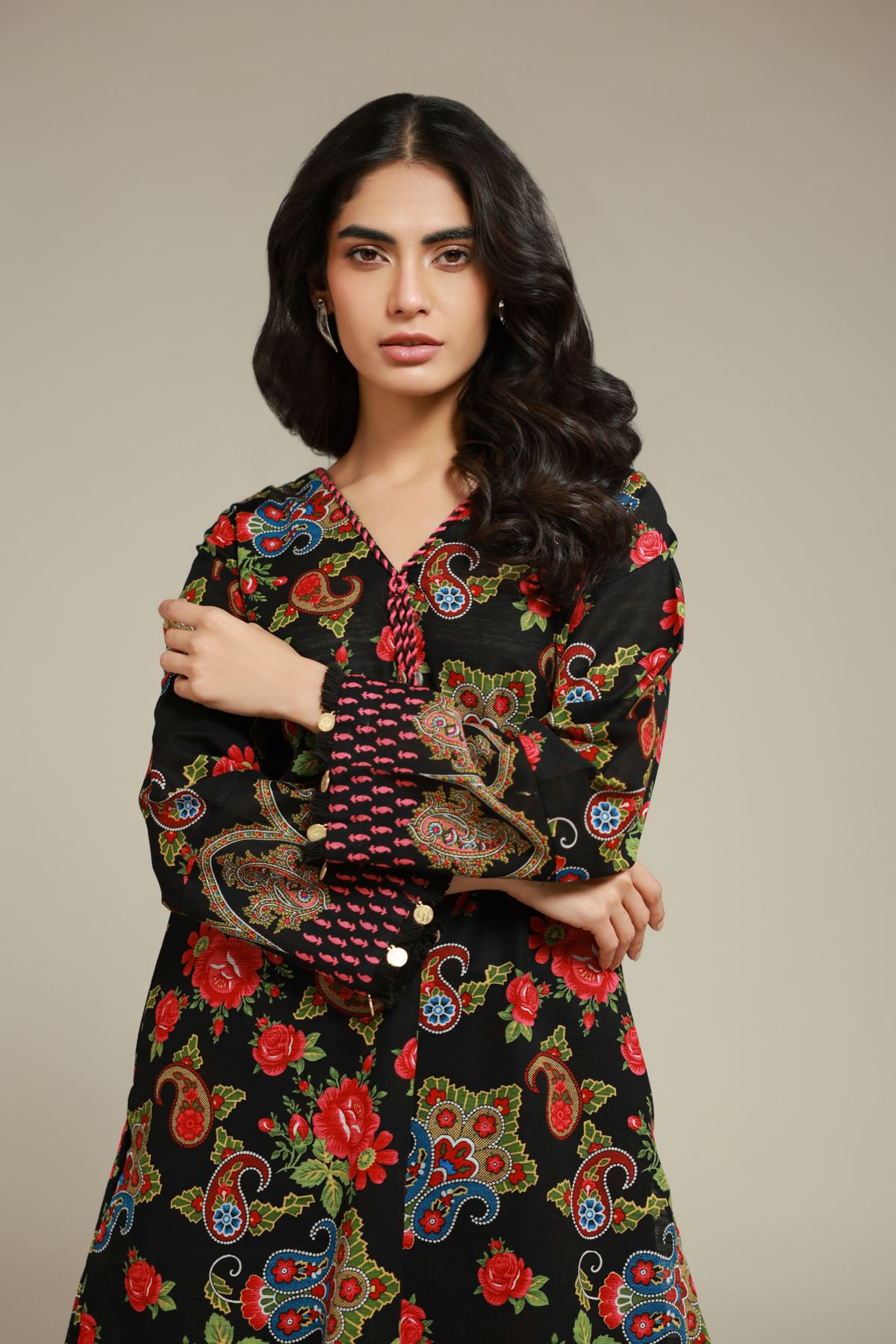 Printed Textured Cotton Floral Longline Kurta - 1-26-125-A-D-VG