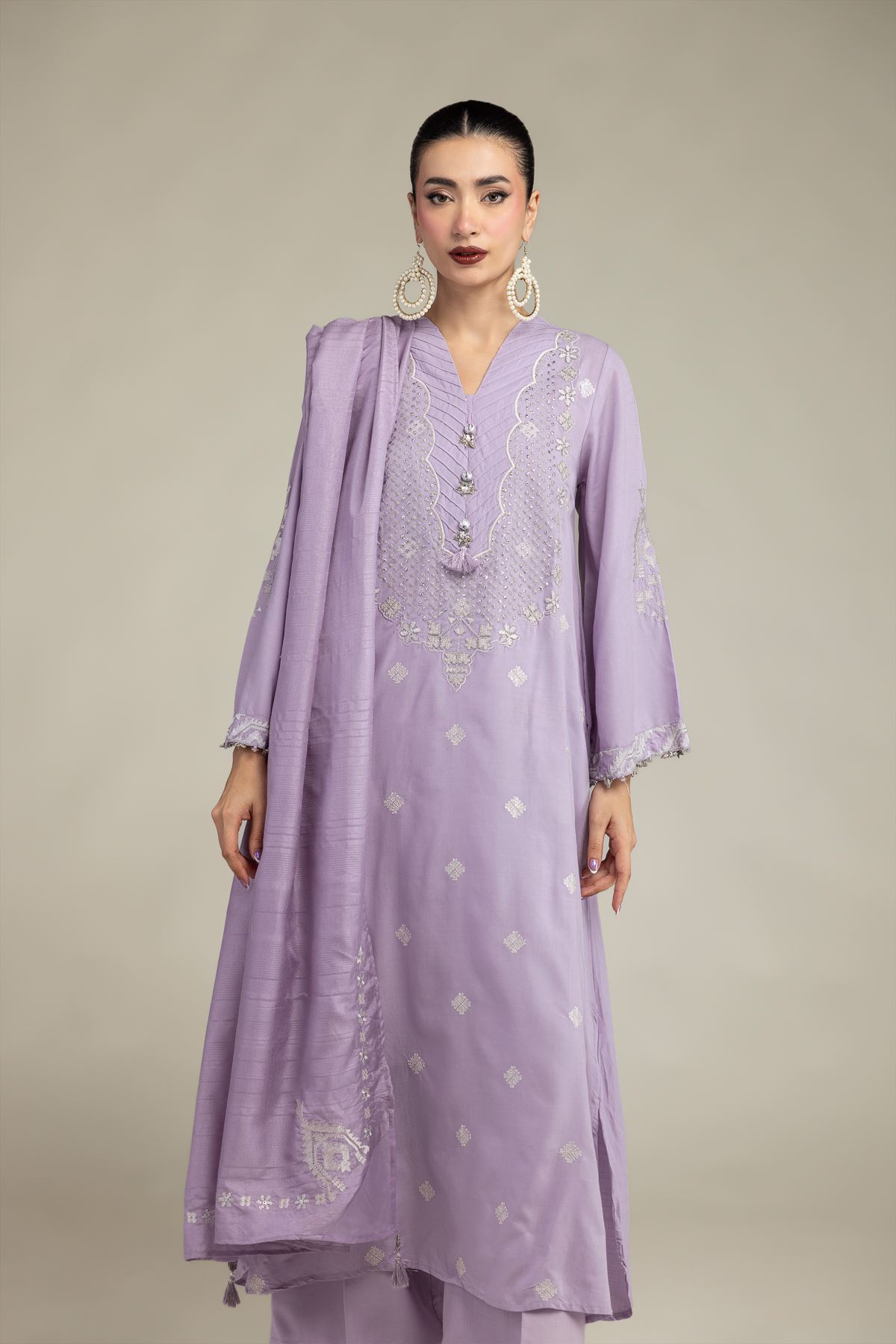 Embroidered Polyester Silk Silk Lavender Dupatta - 2-26-207-A-A1-VG