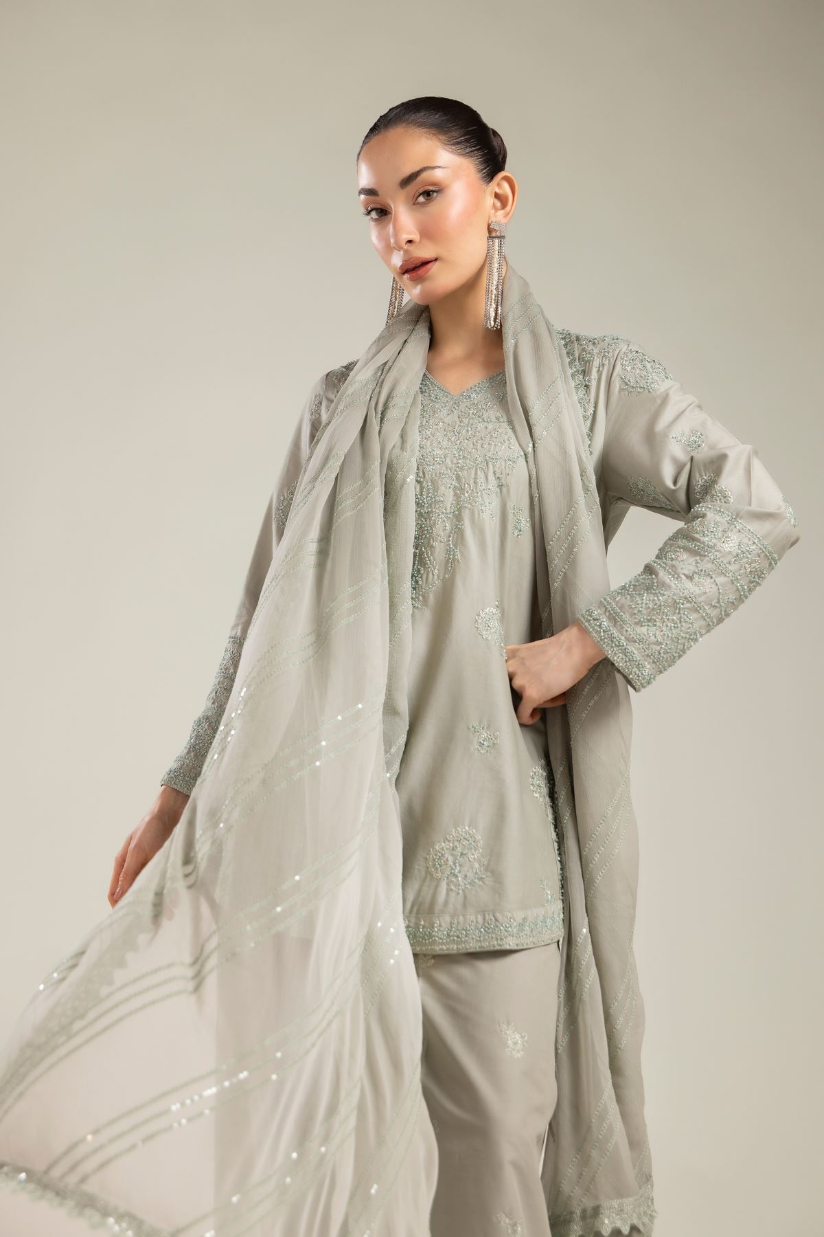 Embroidered Raw Silk 3 Piece Co-ord Set - T-A22-26-124FC1-VG