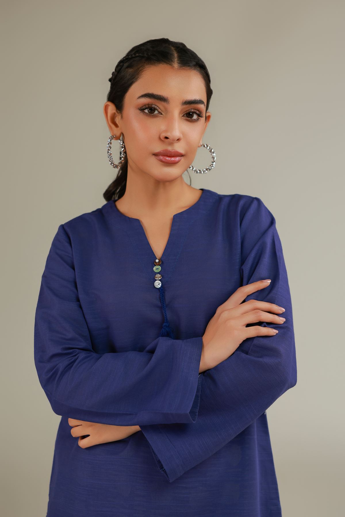 Printed Textured Cotton V-Neck Tassel Kurta - 1-26-108-A-F-VG
