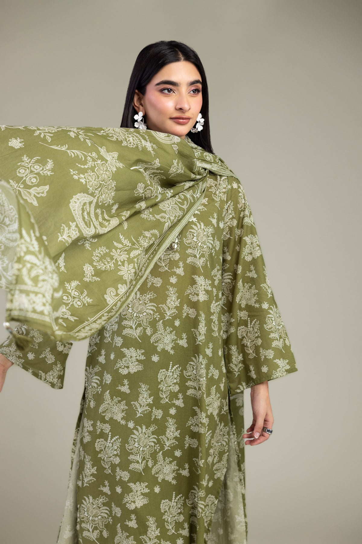 Embroidered Lawn Olive Floral Dupatta - 1-26-309-B-D1-VG