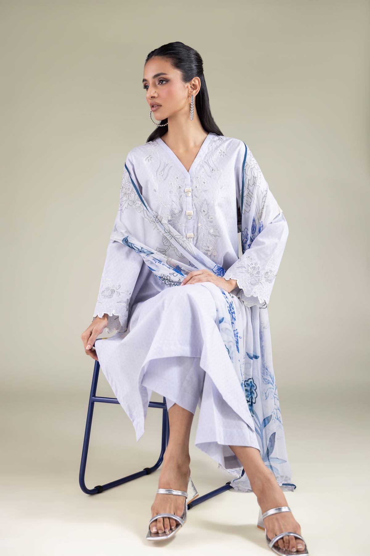 Embroidered Cotton Dobby Floral Longline Kurta - 1-26-115-B-F-VG