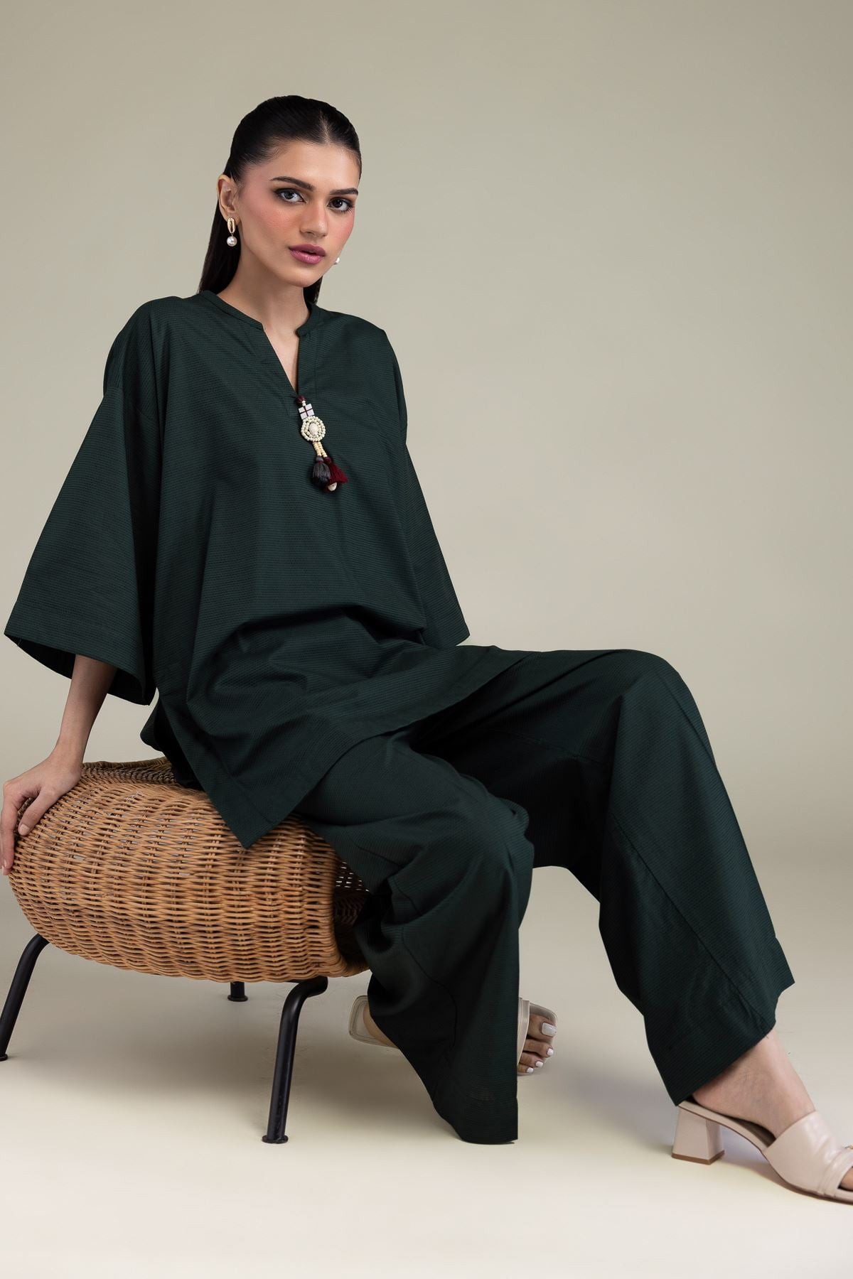 Dyed Textured Cotton Viscose V-Neck Cotton Kurta - 1-26-131-A-B-VG
