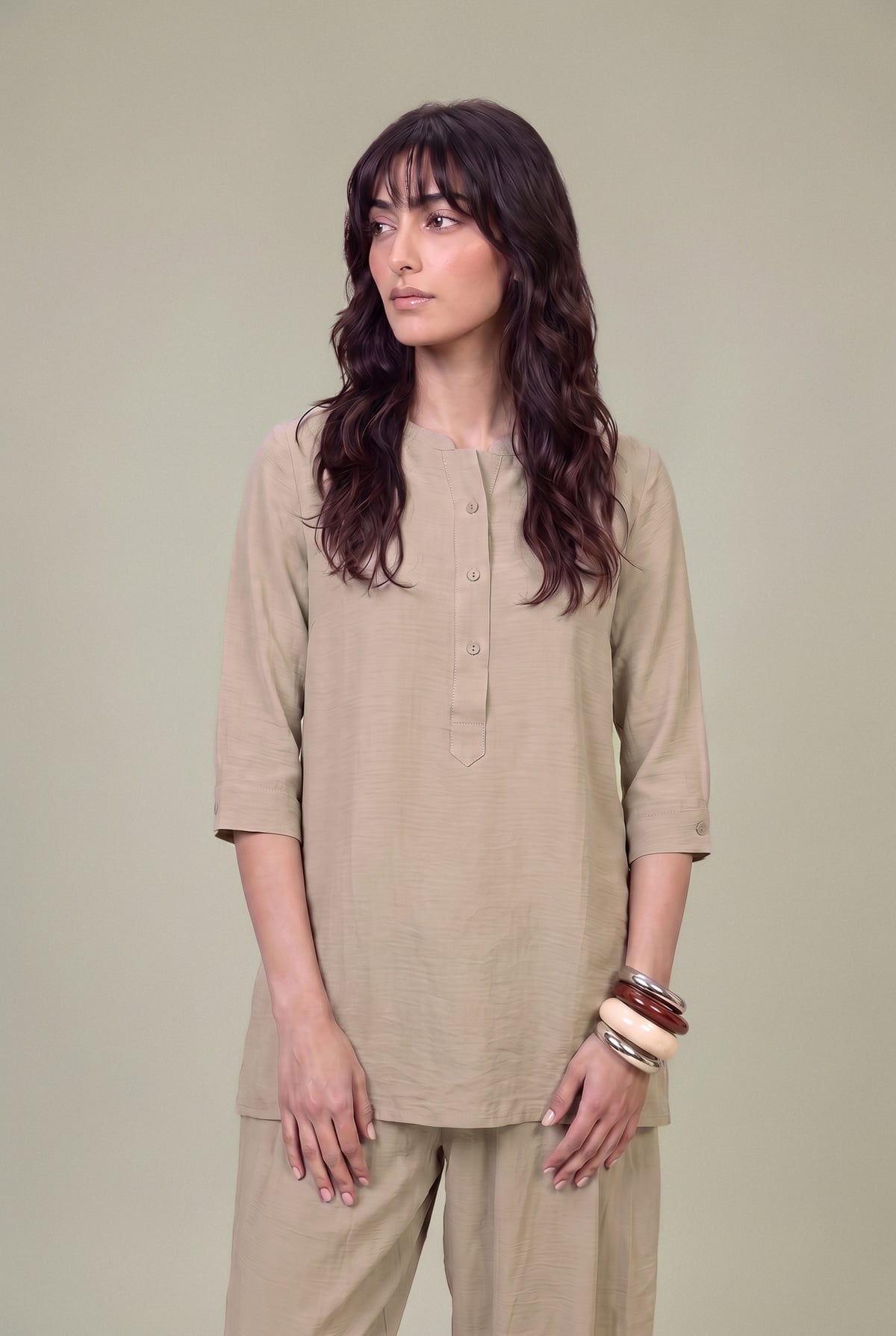 Dyed Textured Georgette Solid Beige Shirt - 6-26-207-B-E1-VG
