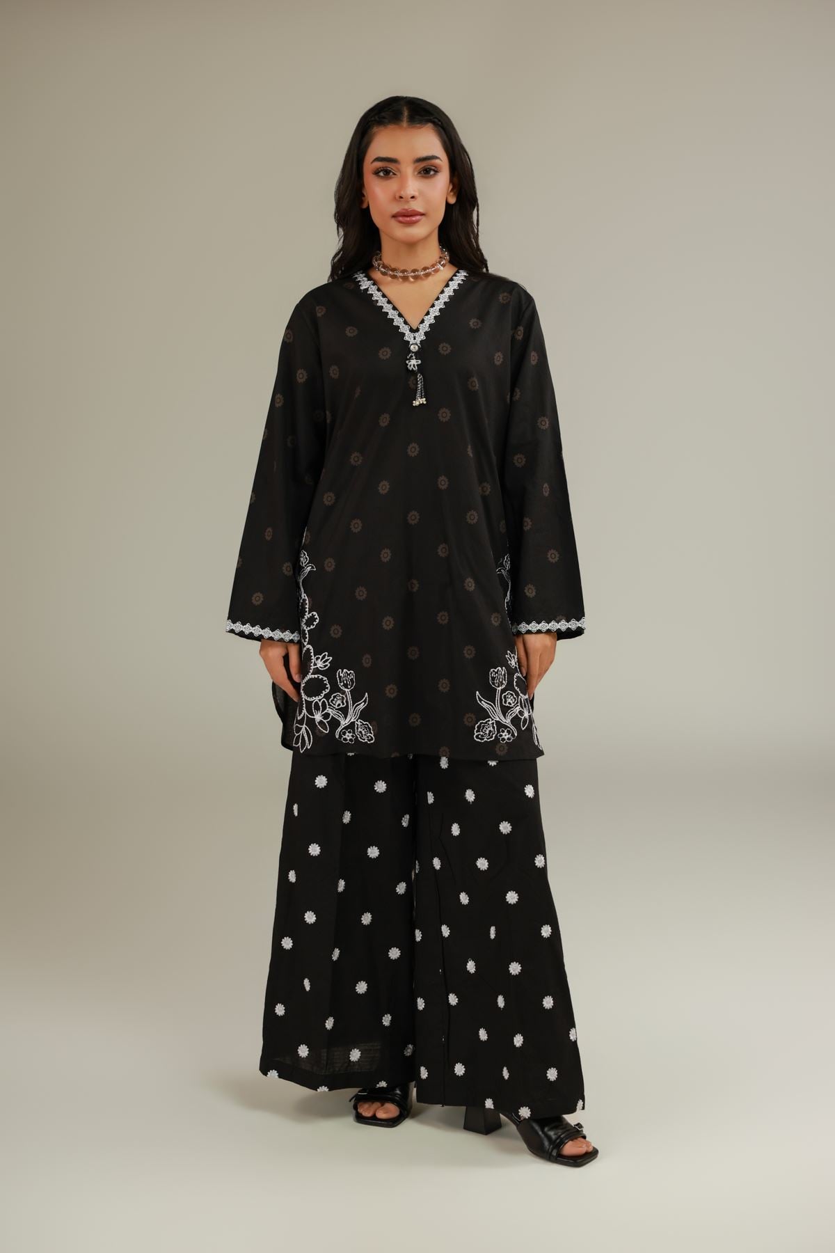 Embroidered Cotton Dobby Embroidered Black Pants - 1-26-143-A-F-VG