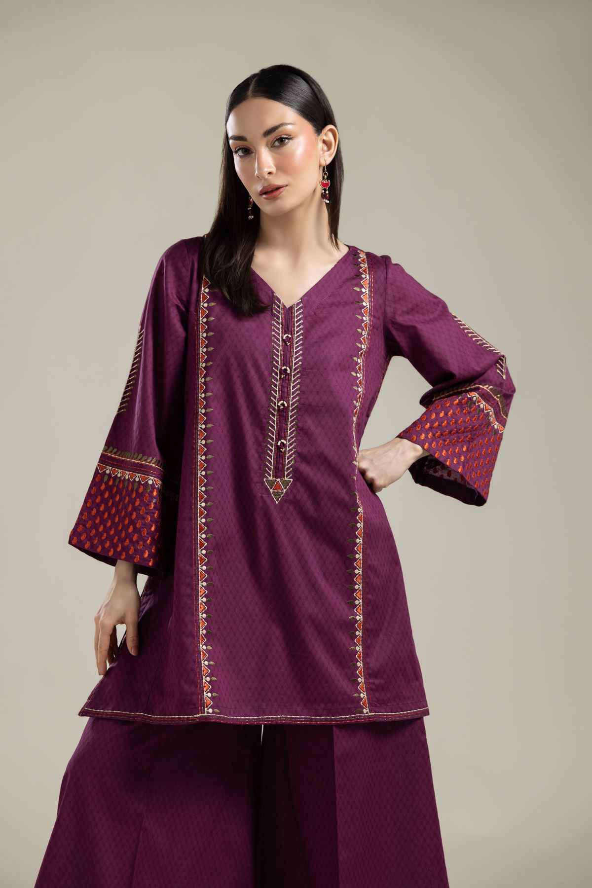 Embroidered Cotton Dobby V-Neck Cotton Kurta - 2-26-202-A-E-VG