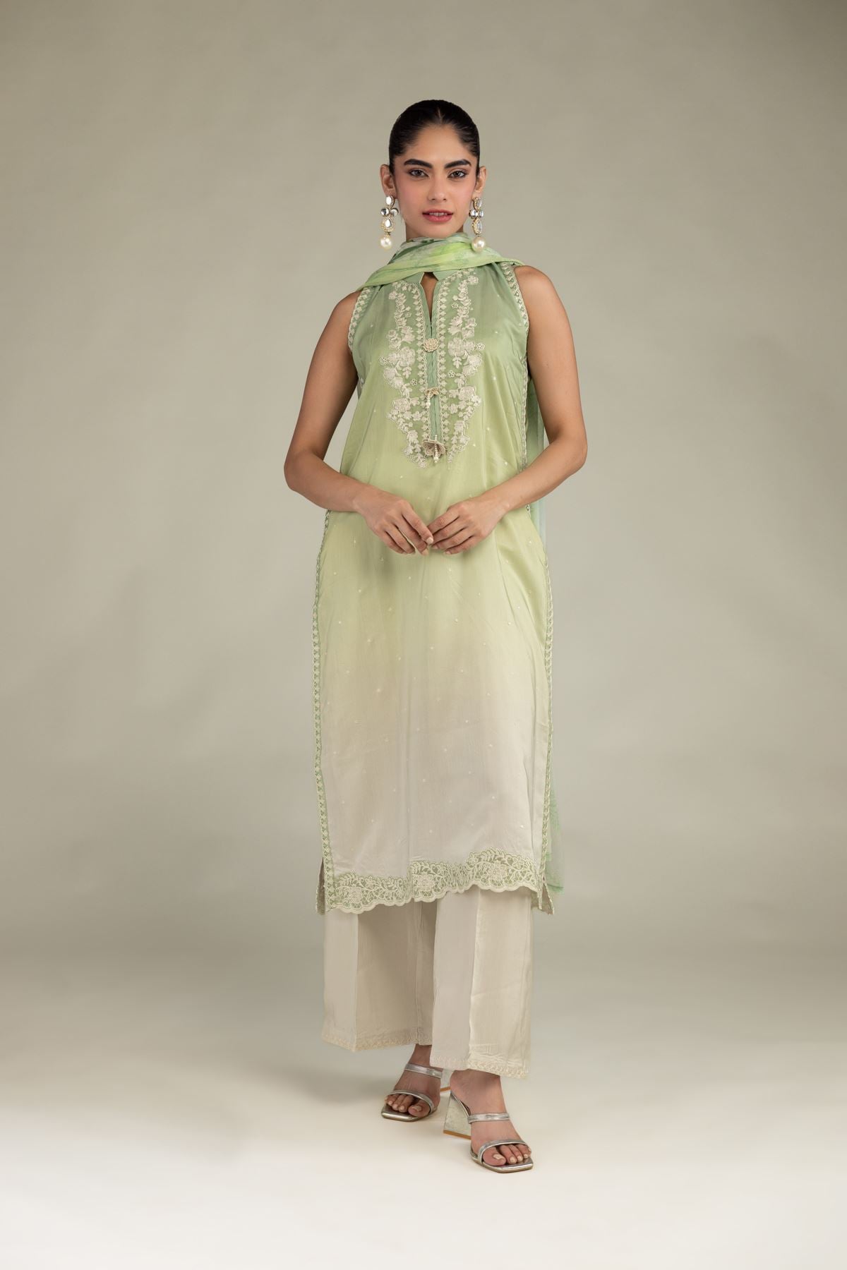 Embroidered Blended Viscose Sleeveless Floral Kurta - 1-26-229-B-F1-VG