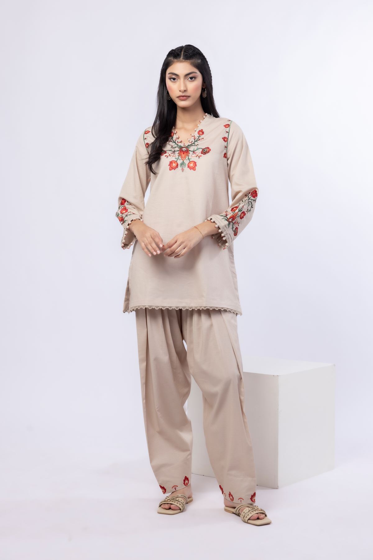 Embroidered Cotton Dobby Pants - R-EEB24715B-VG