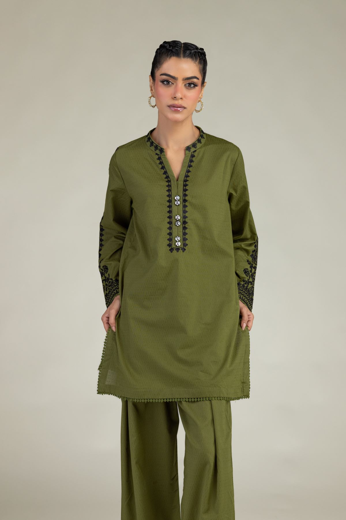 Embroidered Cotton Dobby Cotton Olive Kurta - 1-26-240-A-I1-VG