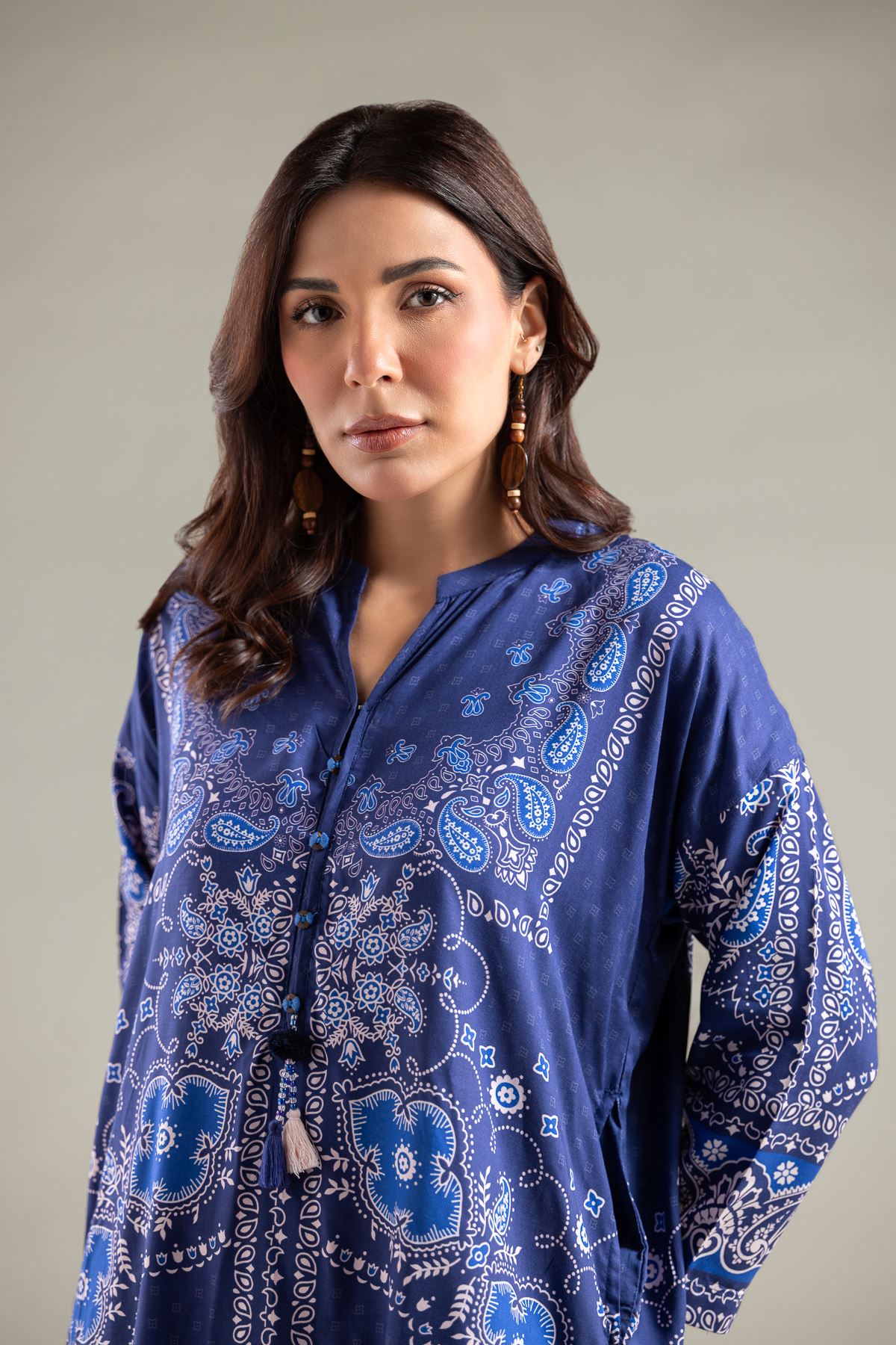 Printed Viscose Paisley Band-Collar Kurta - 25-00-X2-05TA-VG