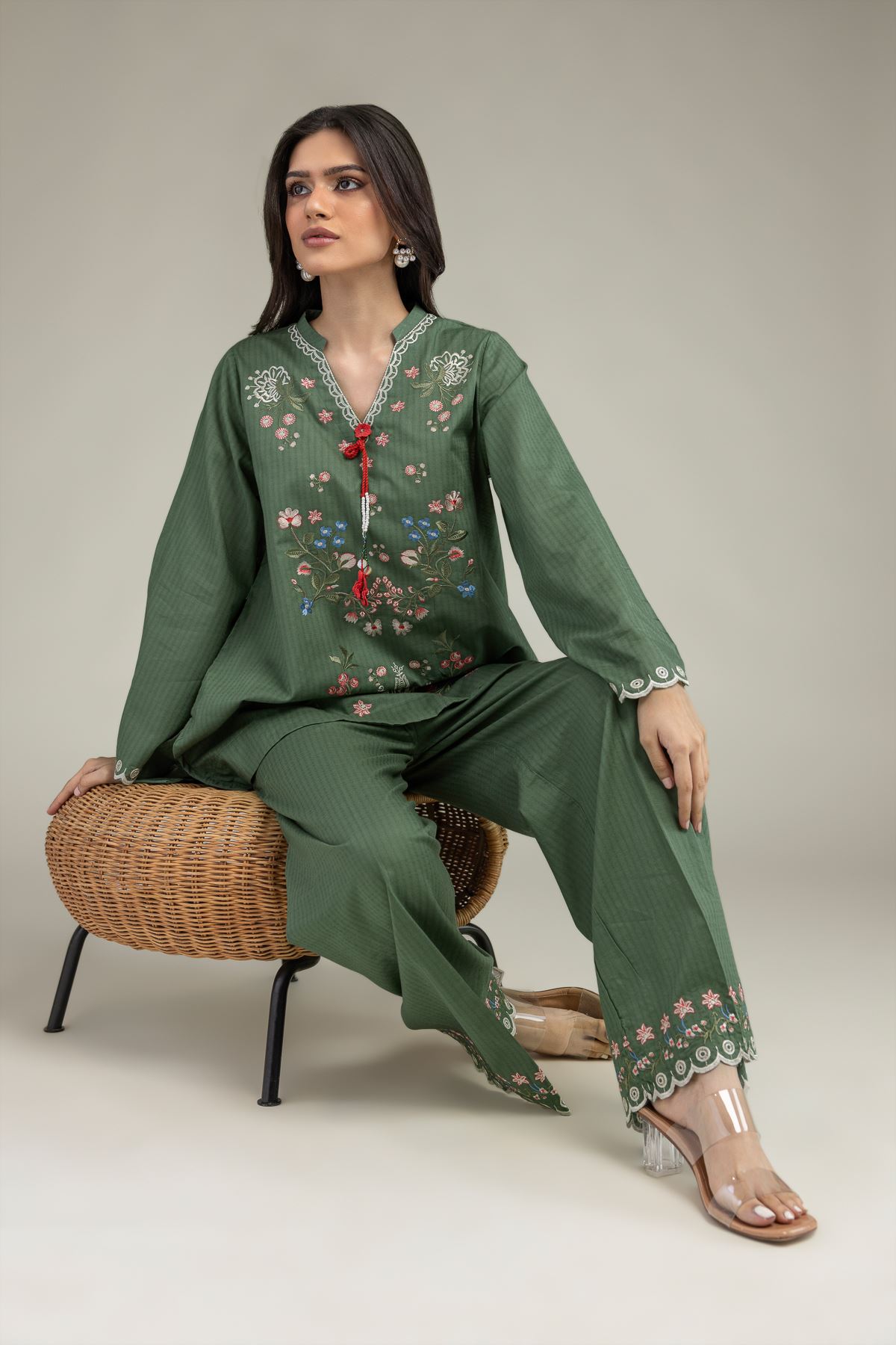 Embroidered Cotton Dobby Short Green Kurta - 2-26-210-A-C1-VG