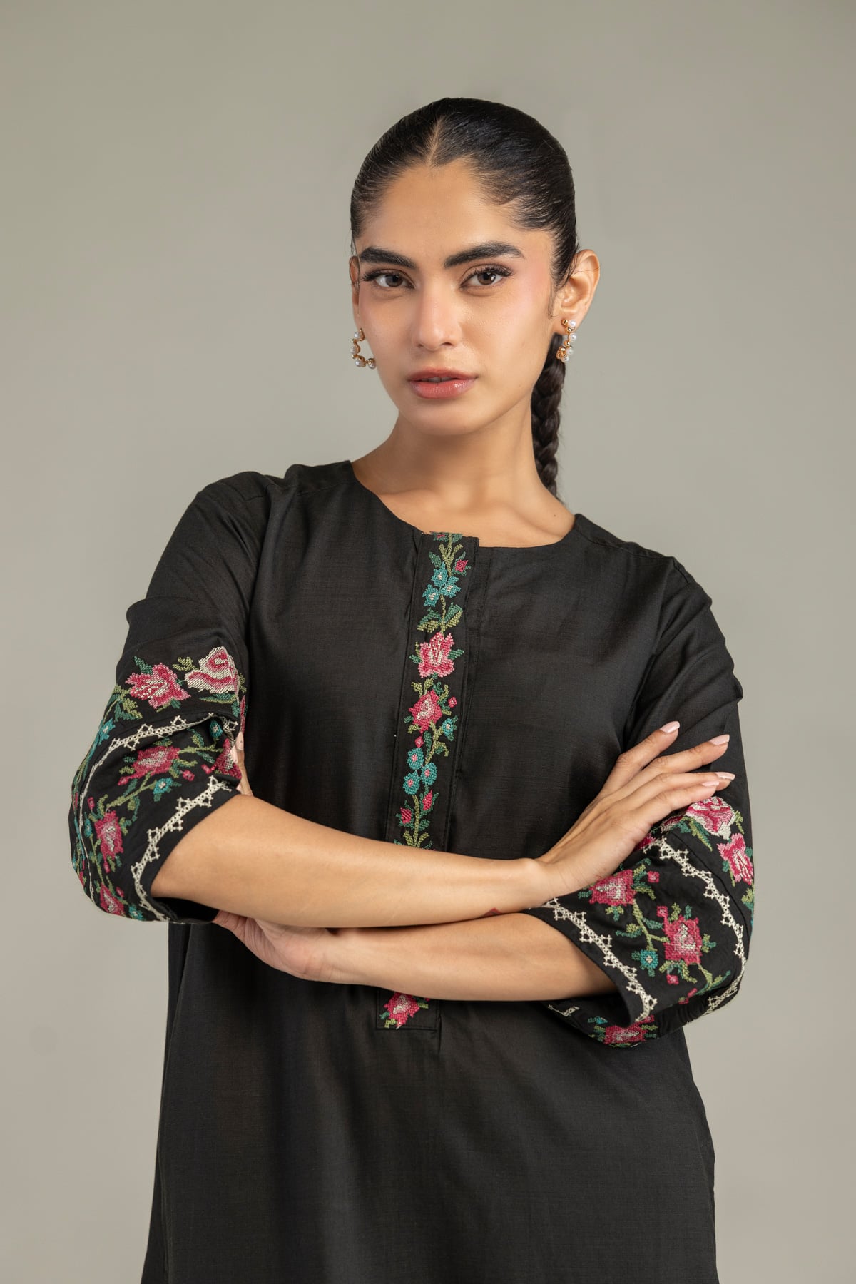 Embroidered Raw Silk Long Black Kurta - A22-26-214FH1-VG