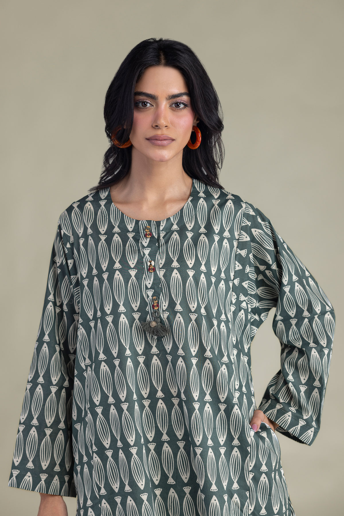 Printed Cambric Green Longline Kurta - 1-26-102-A-F-VG