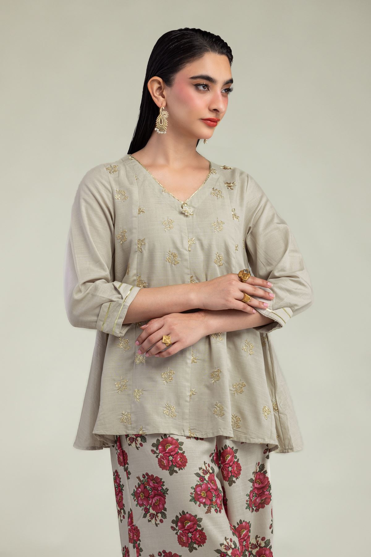 Embroidered Raw Silk Beige V-Neck Kurta - 2-26-201-A-A-VG