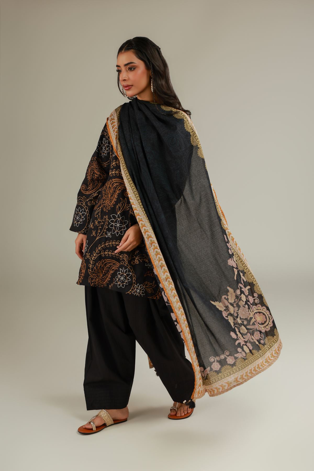 Embroidered Cotton Net Black Embroidered Dupatta - 1-26-111-A-C-VG