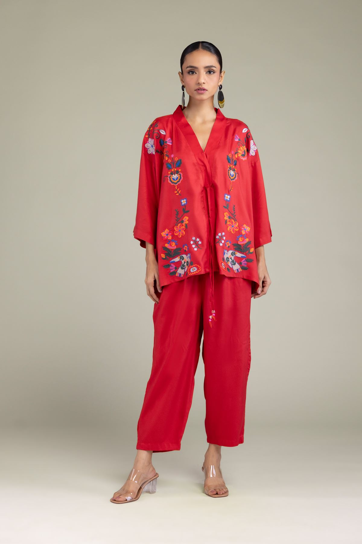 Embroidered Viscose Crepe Red Viscose Trousers - 6-26-202-A-D1-VG