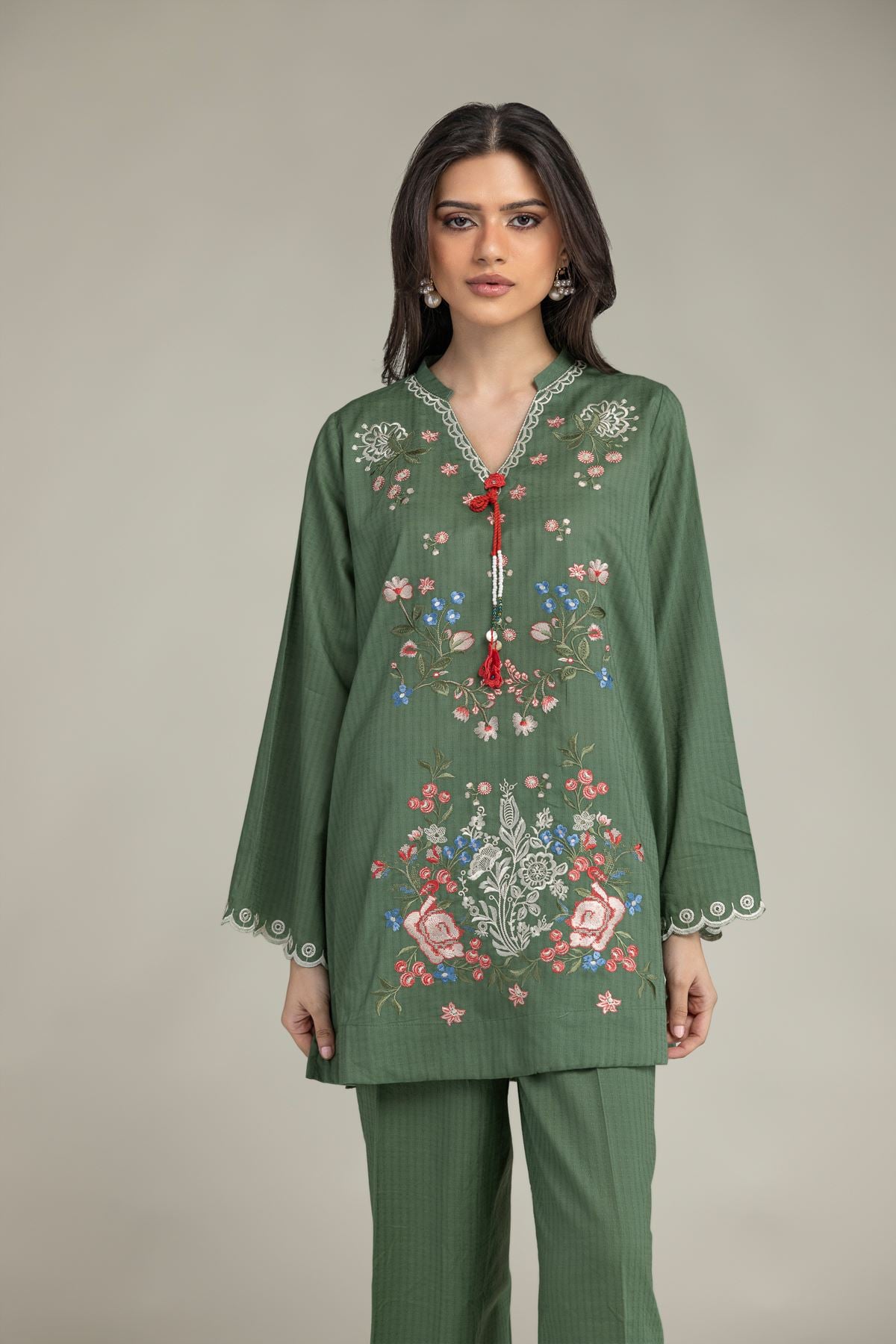 Embroidered Cotton Dobby Short Green Kurta - 2-26-210-A-C1-VG