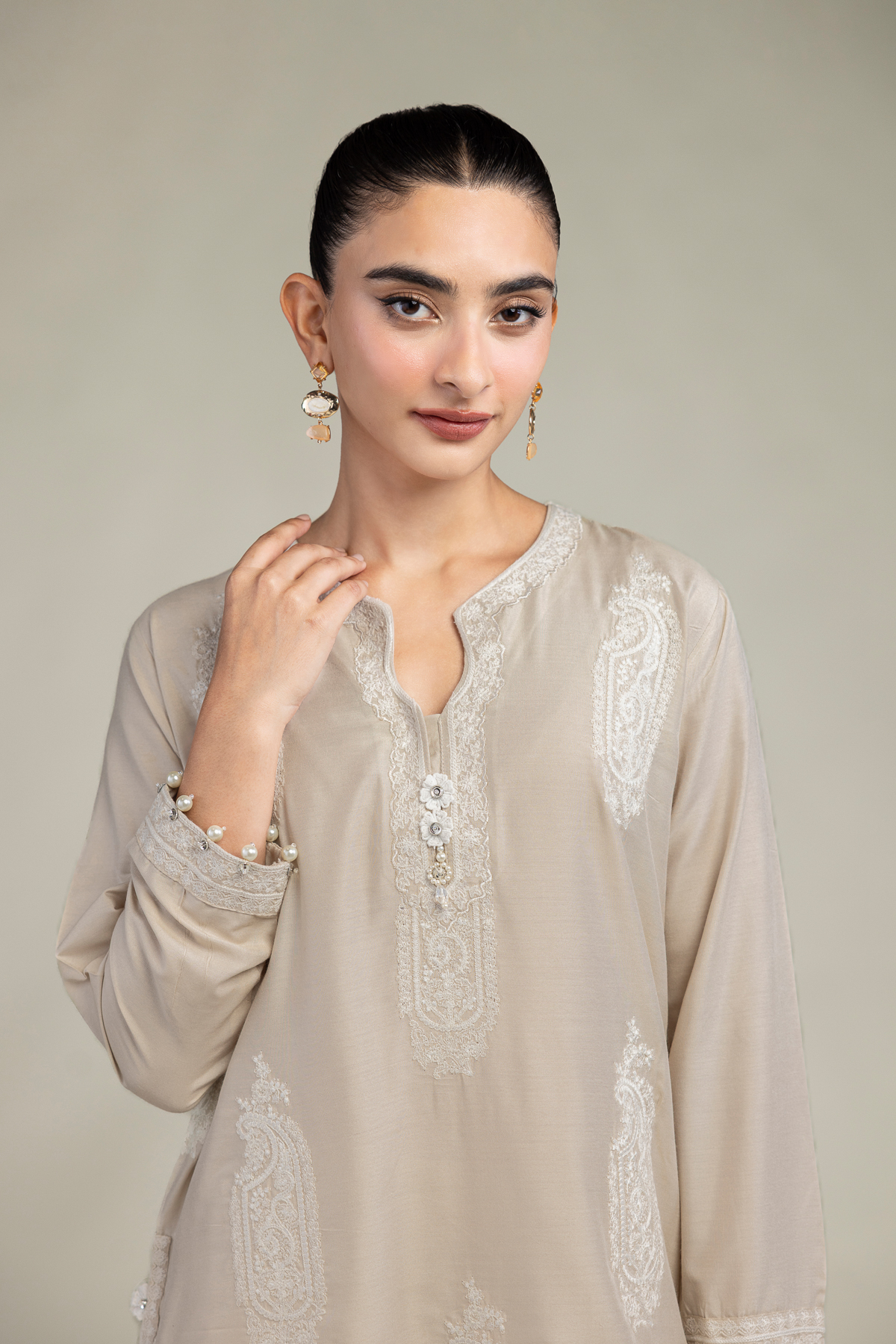 Embroidered Raw Silk Paisley Beige  Kurta - T-A33-26-204FB1-VG