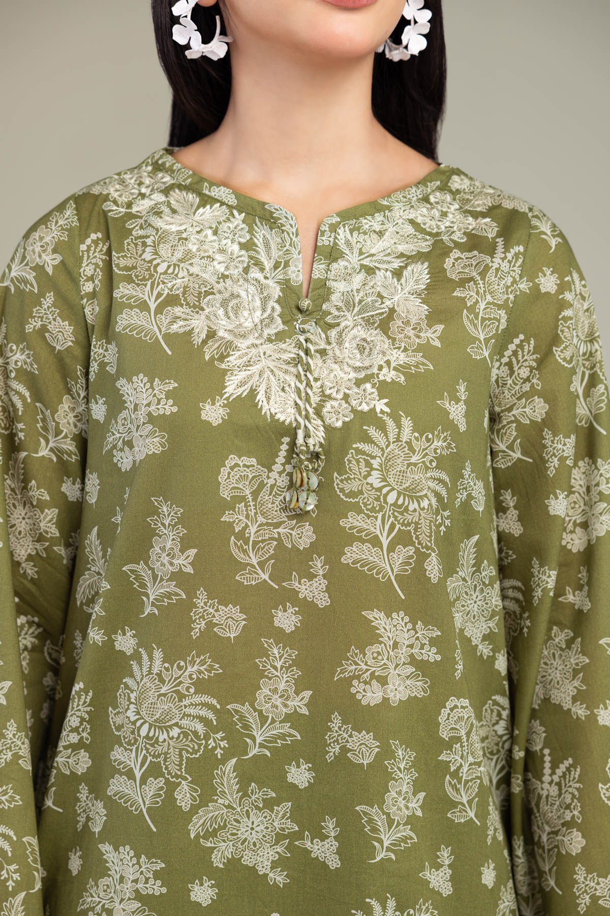 Embroidered Cambric Olive Longline Kurta - 1-26-102-A-F-VG