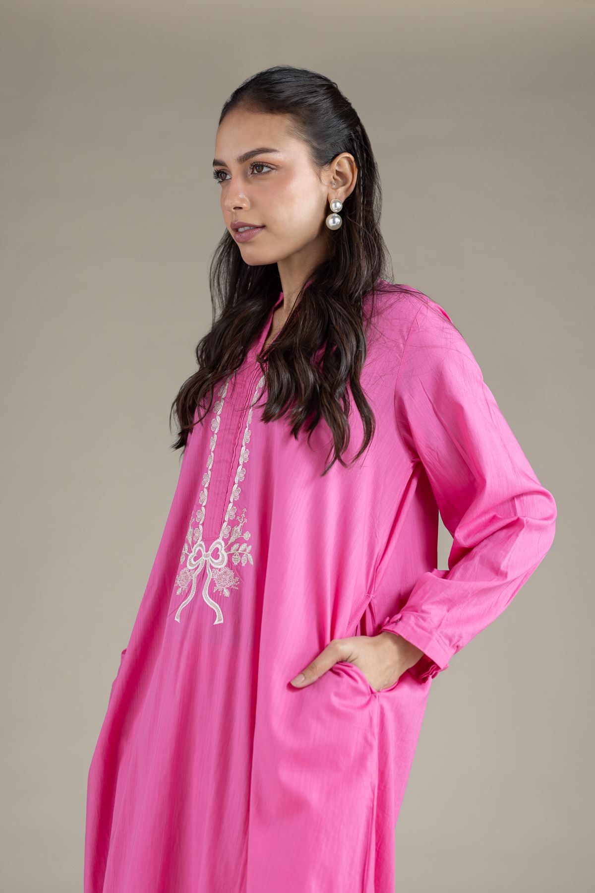 Embroidered Textured Cambric Longline Kurta - 1-26-137-A-B-VG