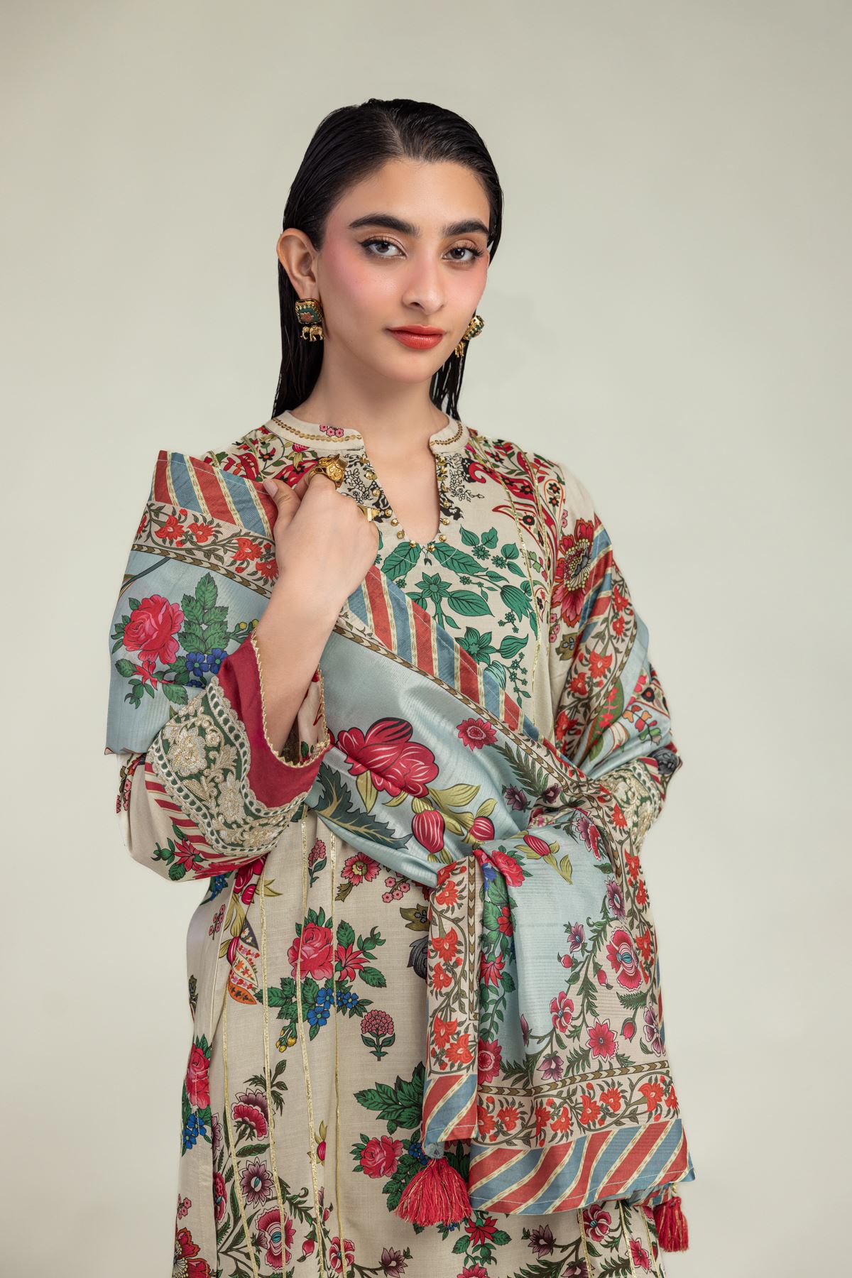 Embroidered Mesuri Floral Beige Dupatta - 1-26-102-A-F-VG