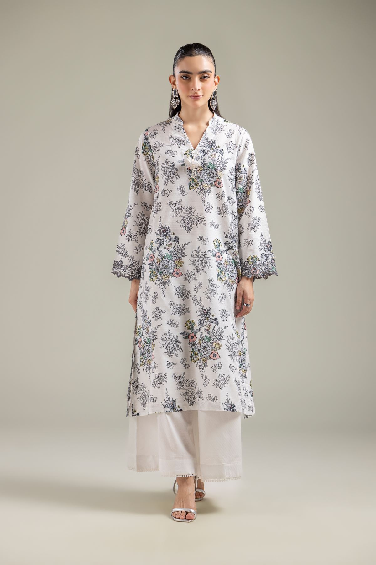 Embroidered Cotton Dobby White V-Neck Kurta - T-A33-26-102FA-VG