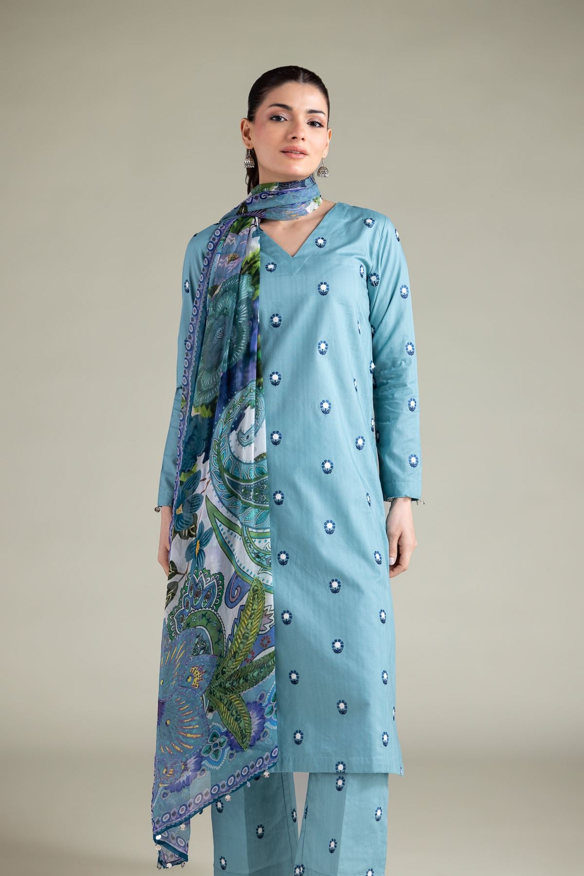 Embroidered Cotton Dobby Longline V-Neck Kurta - 1-26-113-A-F-VG