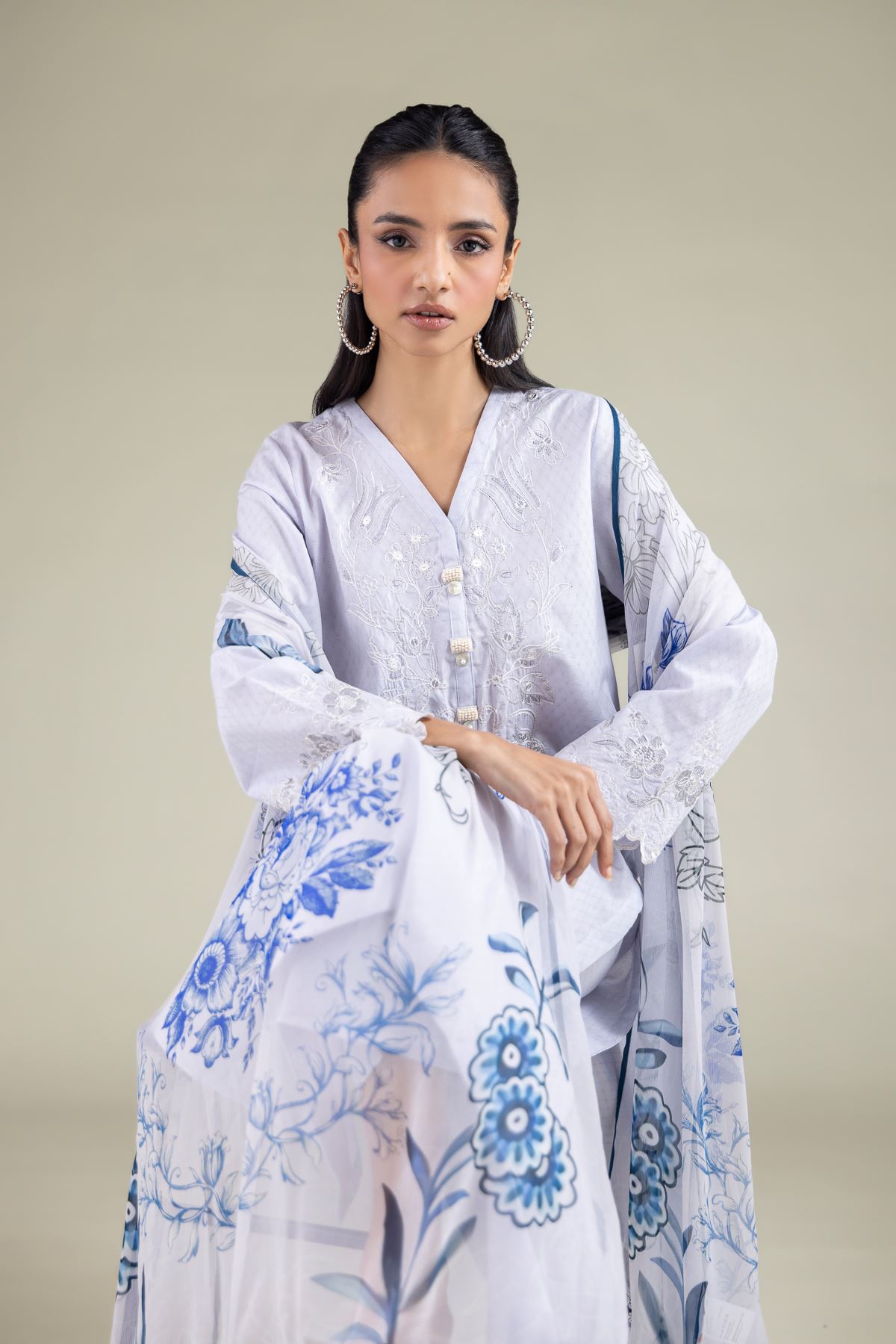 Embroidered Chiffon Leaf Pattern Dupatta - 1-26-146-A-C-VG