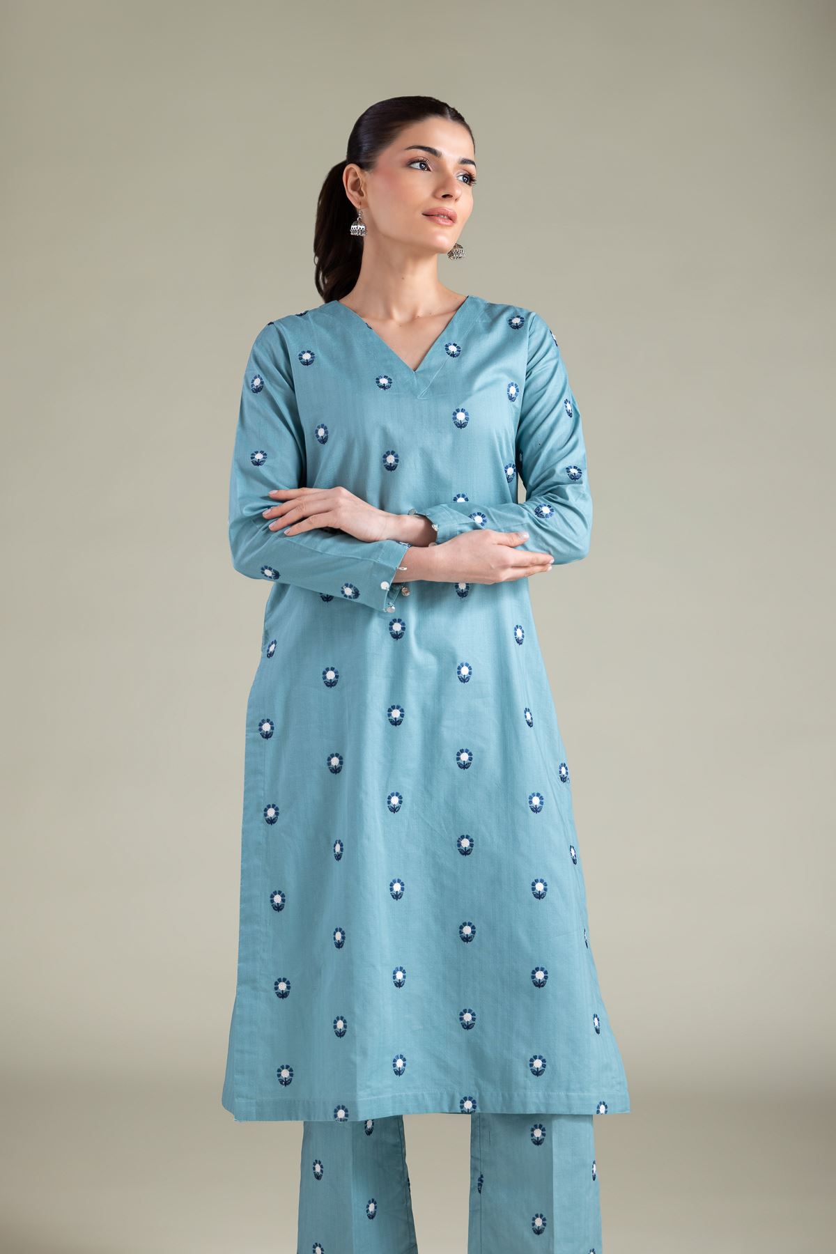 Embroidered Cotton Dobby Longline V-Neck Kurta - 1-26-113-A-F-VG