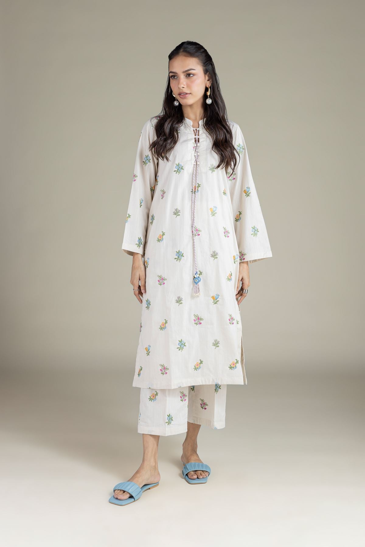 Embroidered Textured Cambric Floral Pants - 1-26-126-A-D-VG