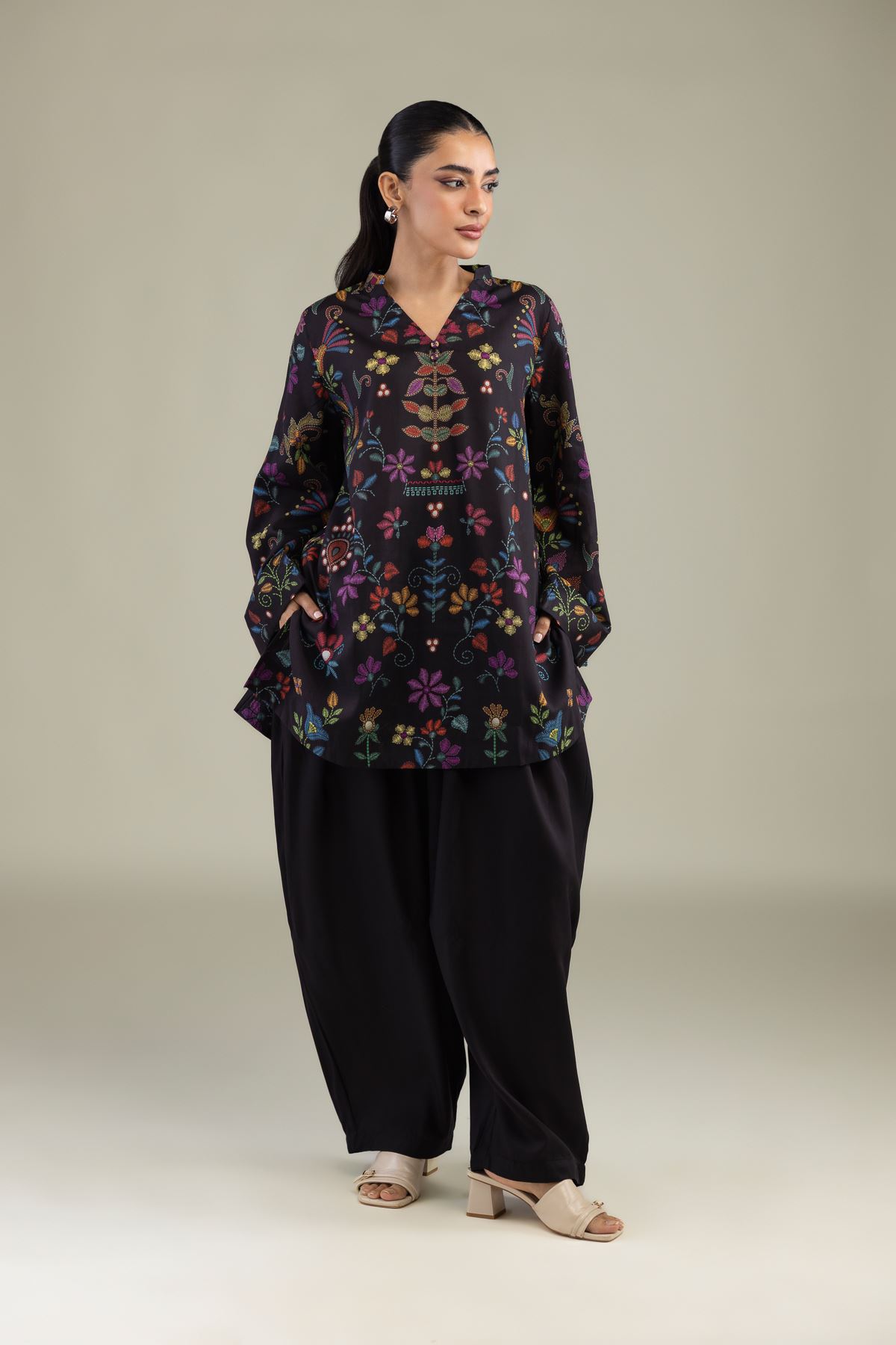 Printed Textured Weave Solid Black Shalwar - 1-26-102-A-F-VG