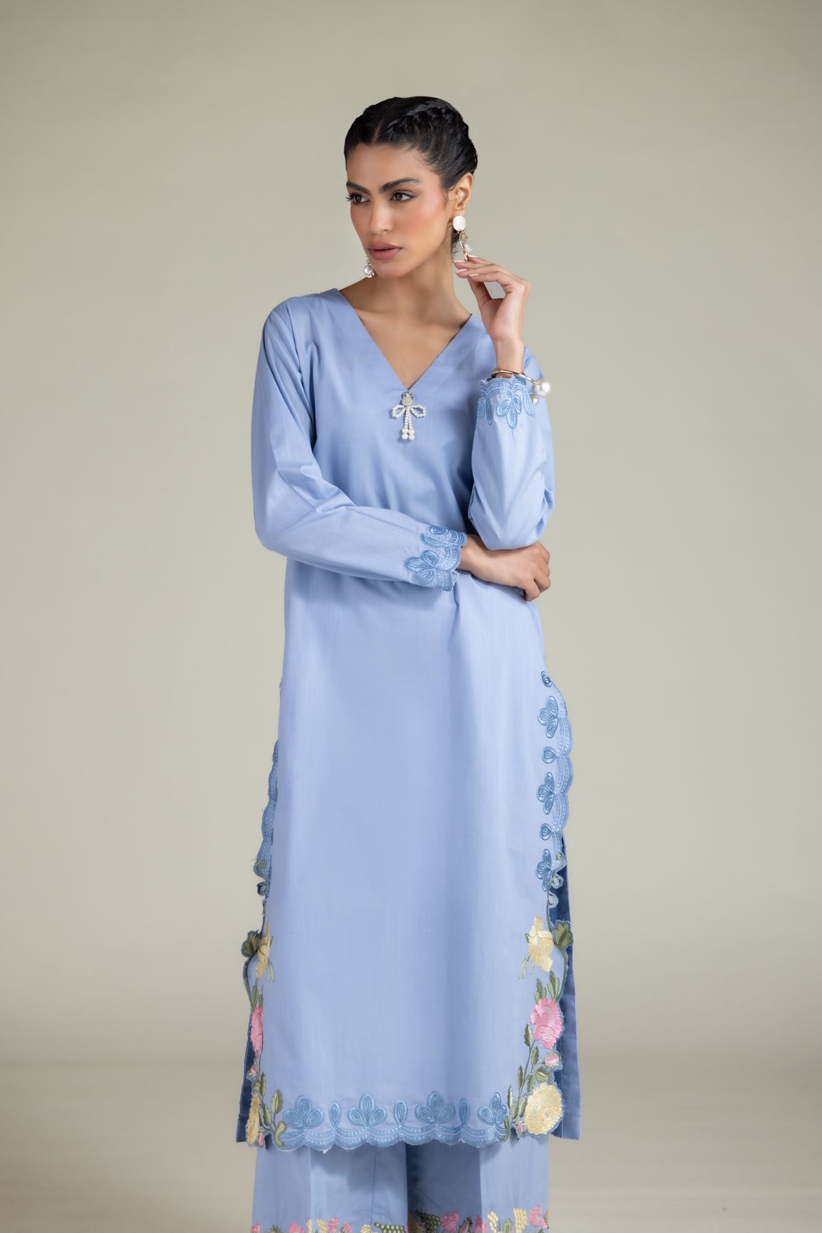 Embroidered Textured Cotton Floral Pearl Kurta - 25-10-12E12-03TA-VG