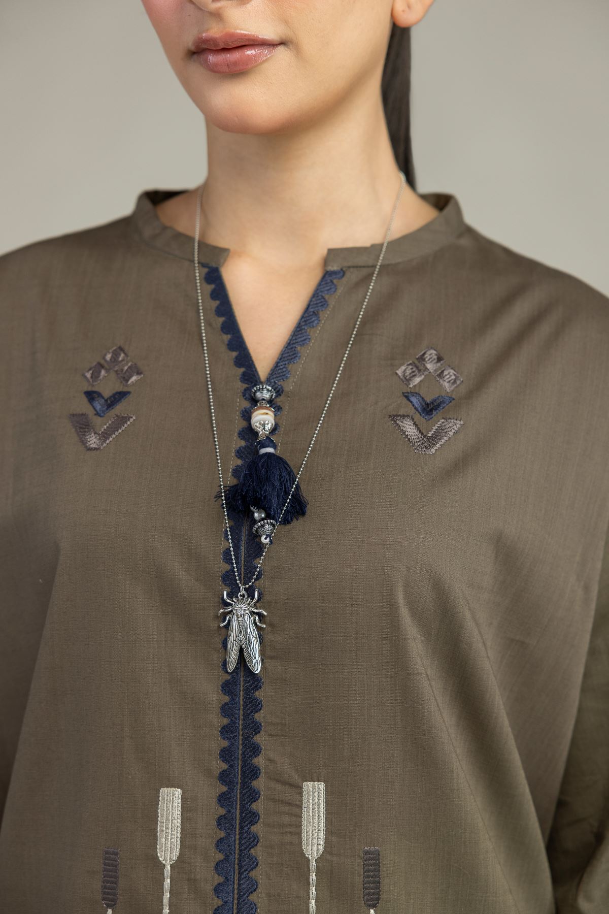 Embroidered Textured Cotton Floral Olive Blouse - 6-26-204-A-D2-VG