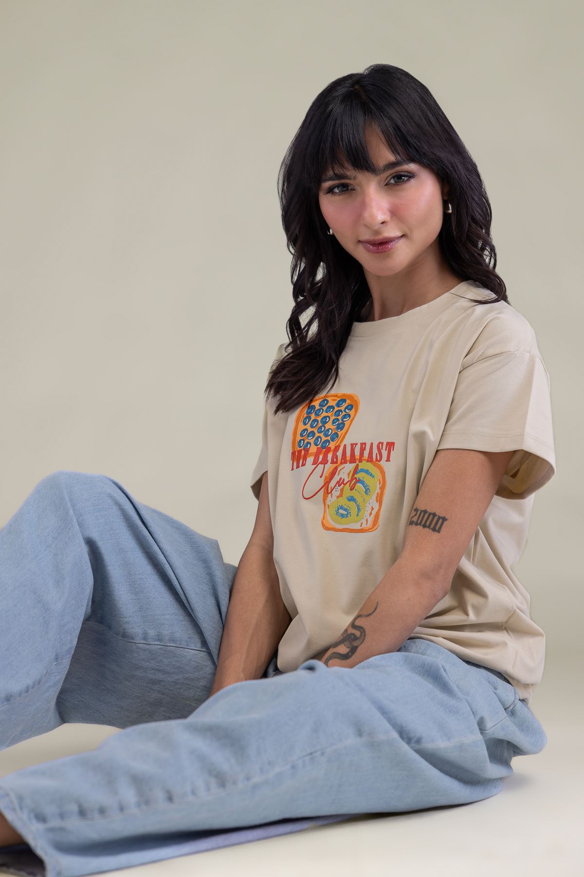 Embroidered Lycra Jersey Short Beige T-Shirt - 3-26-204-A-F1-VG