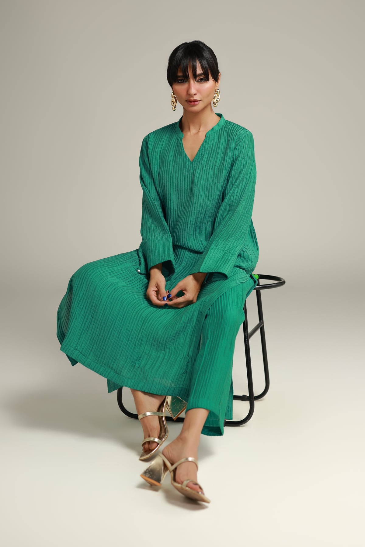Dyed Blended Crinkle Solid Long Kurta - R-SB25056A-VG
